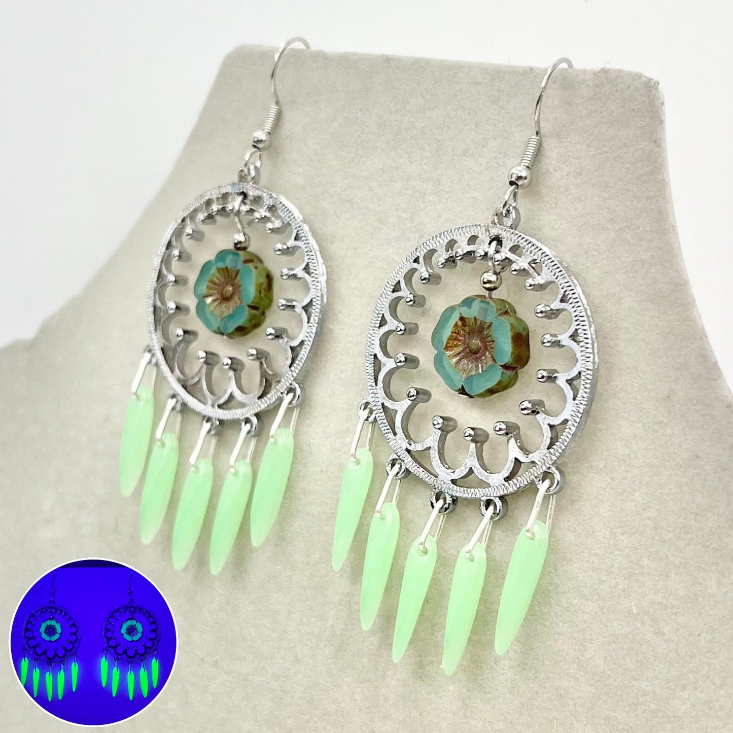 Handmade Green Uranium Glass Dagger Bead Drop Flower Earrings Circular Chandelier Style UV Reactive Glow Czech Vaseline Glass TheGreenGlassGemShop