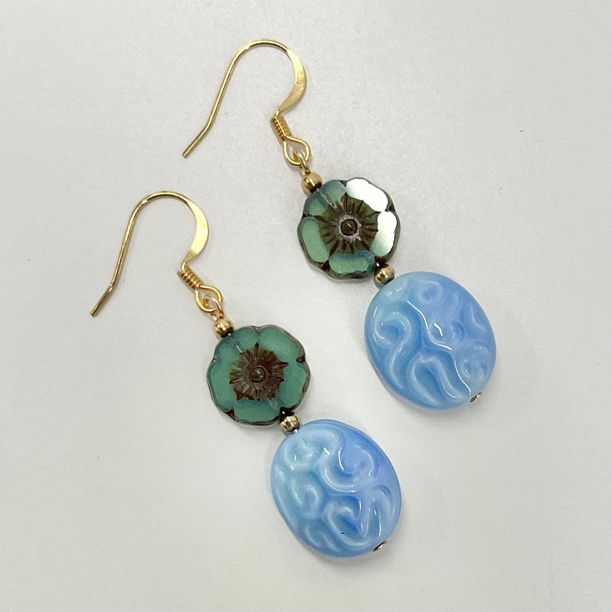 Vintage Blue Swirl & Glass Flower Uranium Czech Bead Drop Earrings with a Picssso Finished Gold Plate UV Reactive Glow TheGreenGlassGemShop