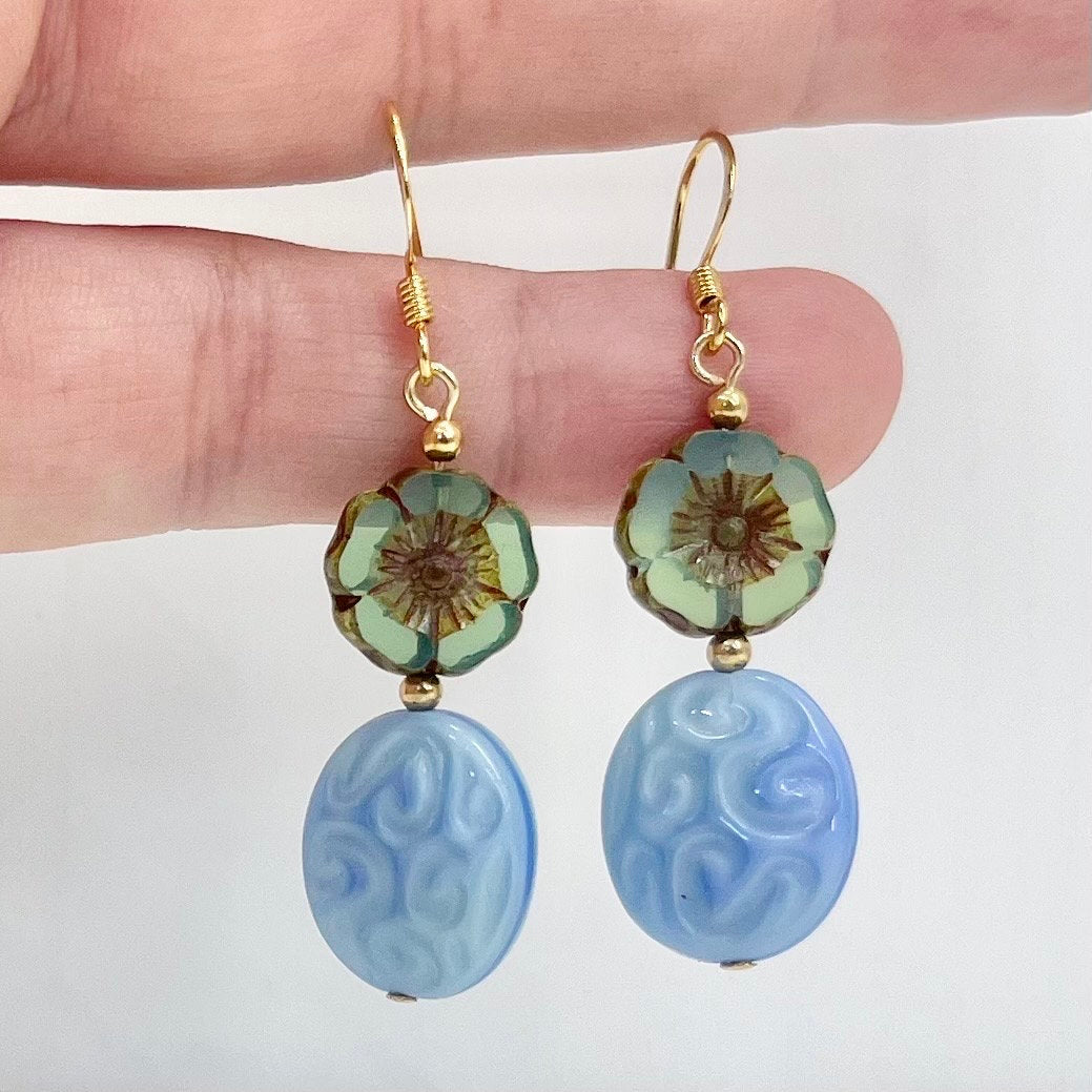 Vintage Blue Swirl & Glass Flower Uranium Czech Bead Drop Earrings with a Picssso Finished Gold Plate UV Reactive Glow TheGreenGlassGemShop