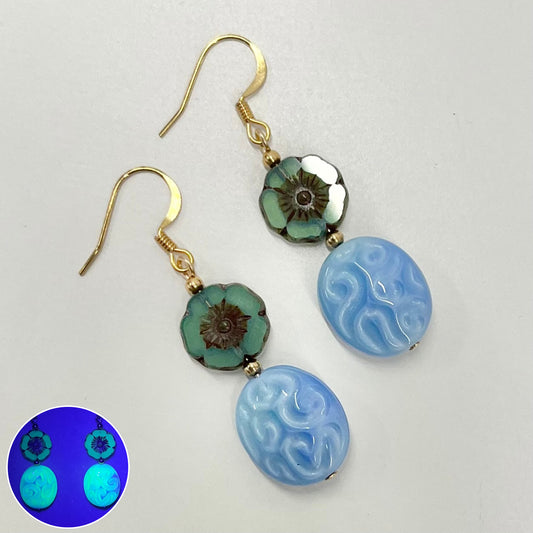 Vintage Blue Swirl & Glass Flower Uranium Czech Bead Drop Earrings with a Picssso Finished Gold Plate UV Reactive Glow TheGreenGlassGemShop