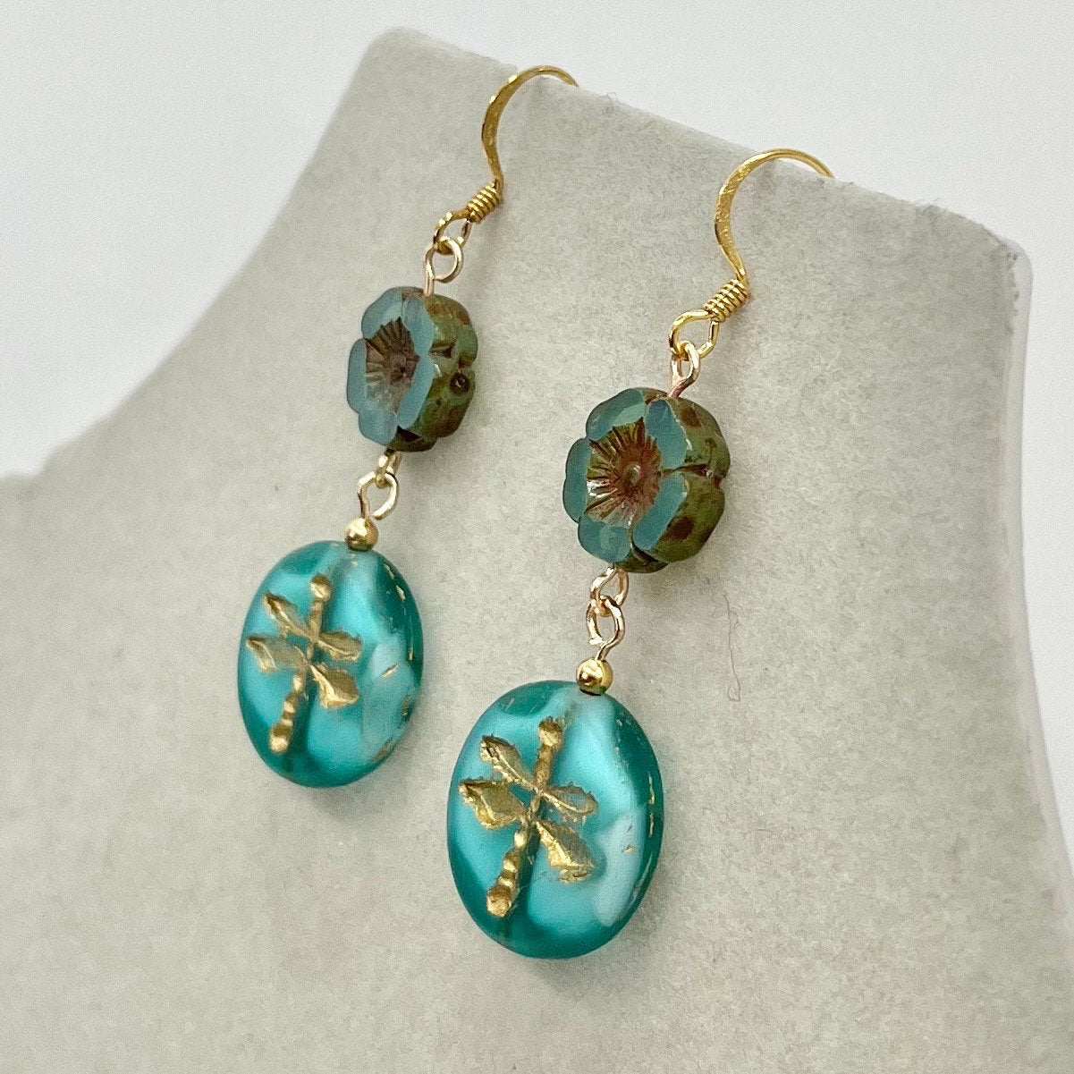 Vintage Blue Dragonfly Bead & Glass Flower Uranium Czech Bead Drop Earrings Gold Plate UV Reactive Glow TheGreenGlassGemShop