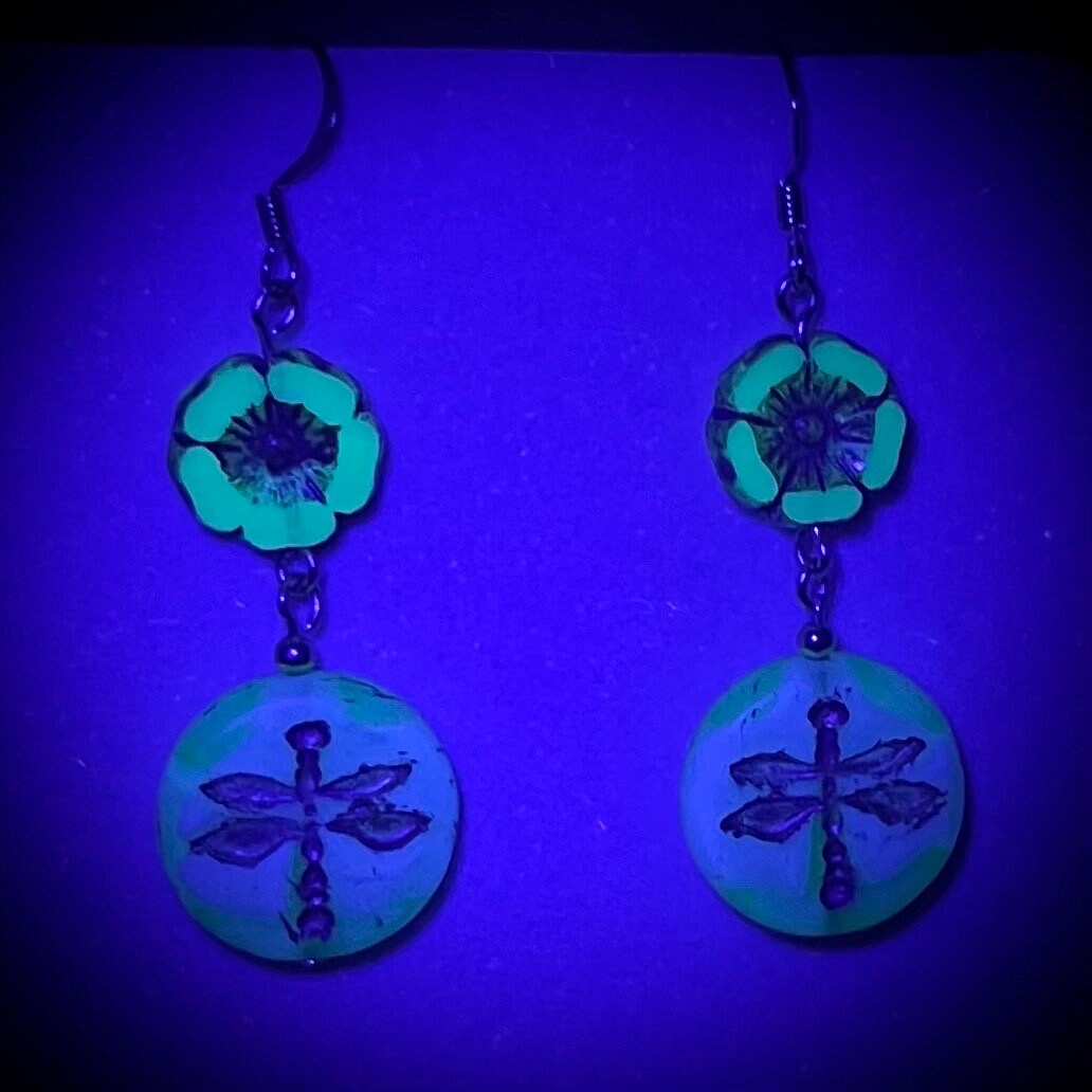 Vintage Blue Dragonfly Bead & Glass Flower Uranium Czech Bead Drop Earrings Gold Plate UV Reactive Glow TheGreenGlassGemShop