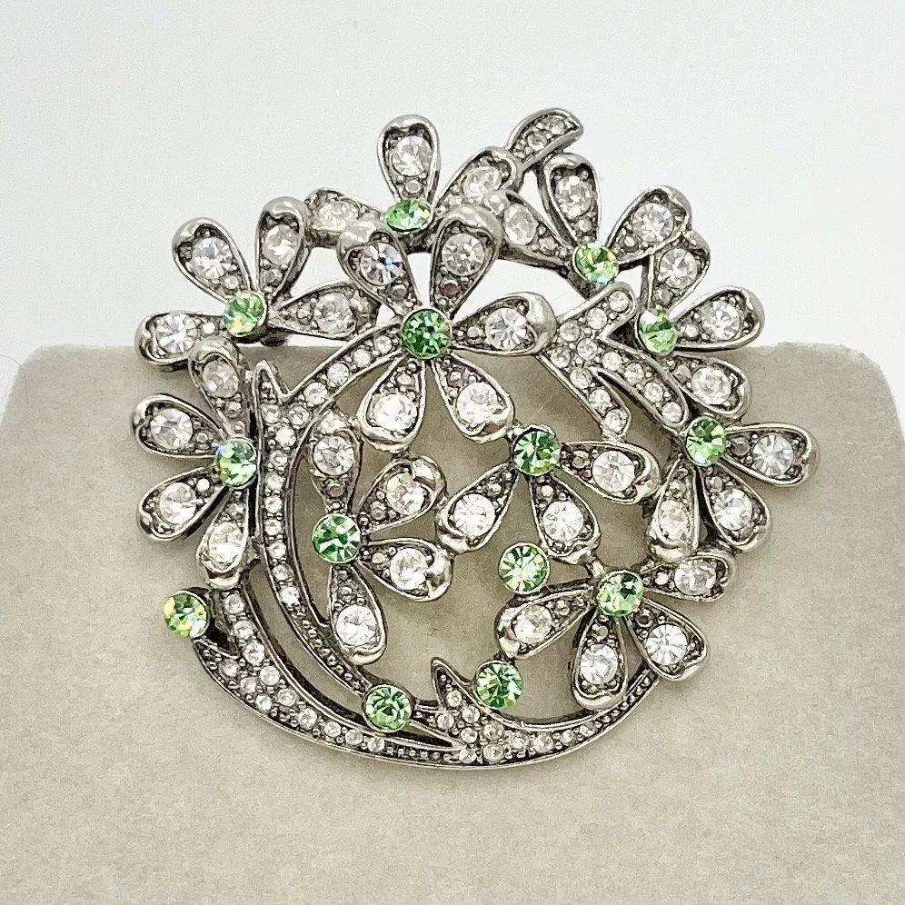 Vintage Monet 1980’s Multi Flower Brooch with Green Uranium Glass Crystals Silver Plated UV Reactive Glowing Jewellery TheGreenGlassGemShop