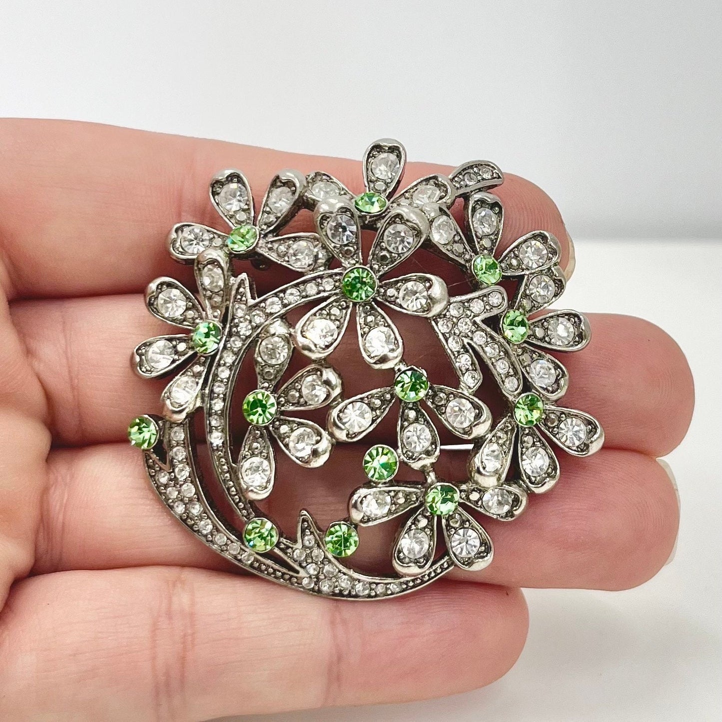 Vintage Monet 1980’s Multi Flower Brooch with Green Uranium Glass Crystals Silver Plated UV Reactive Glowing Jewellery TheGreenGlassGemShop