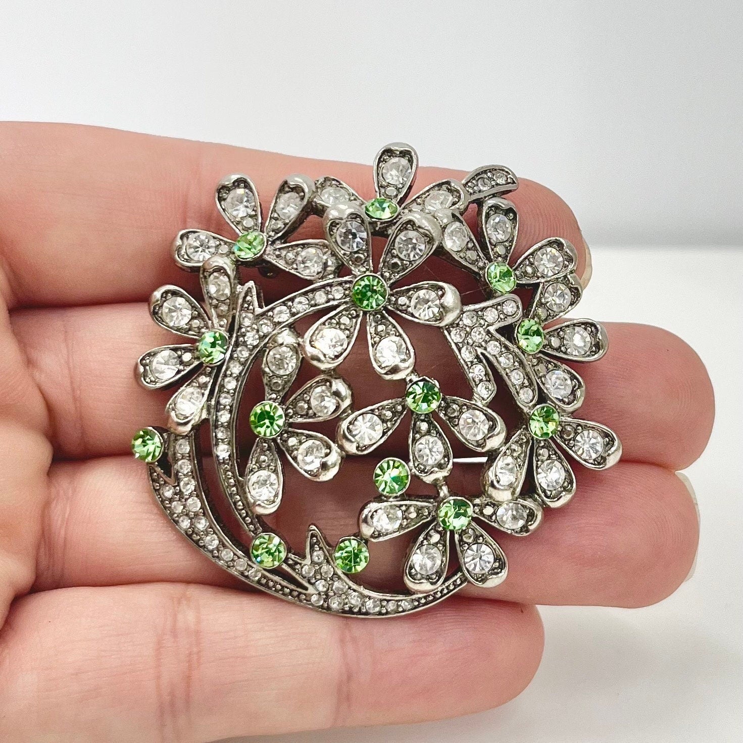 Vintage Monet 1980’s Multi Flower Brooch with Green Uranium Glass Crystals Silver Plated UV Reactive Glowing Jewellery TheGreenGlassGemShop