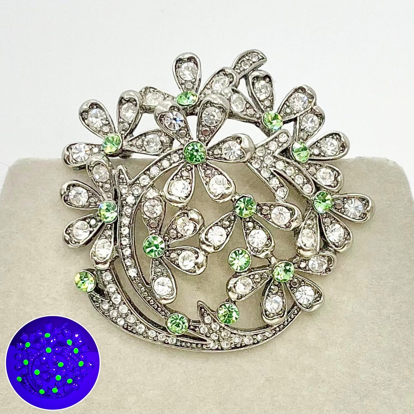 Vintage Monet 1980’s Multi Flower Brooch with Green Uranium Glass Crystals Silver Plated UV Reactive Glowing Jewellery TheGreenGlassGemShop