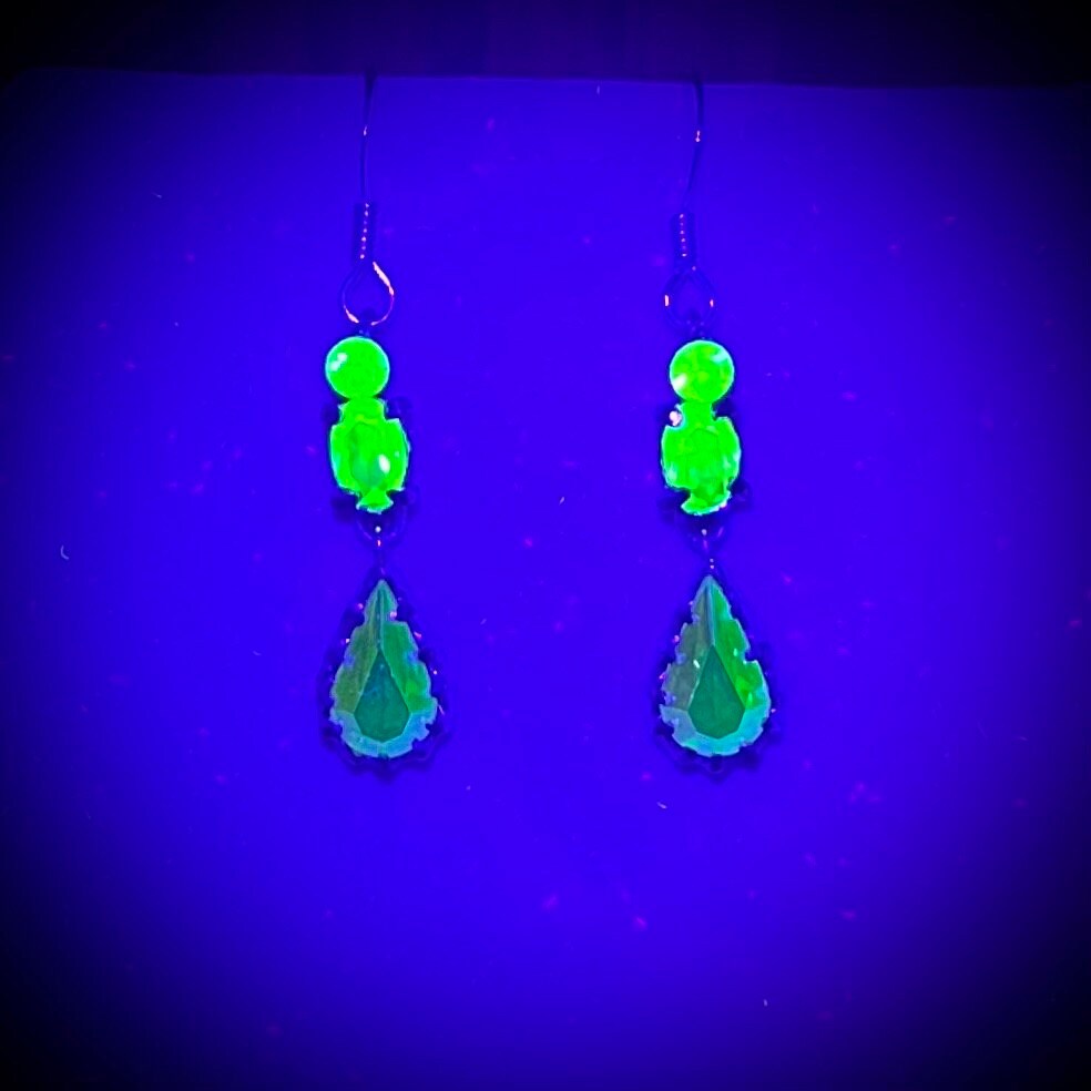 Vintage Dainty Tear Drop Green Uranium Crystal Earrings with Swarovski Crystal Elements Earrings UV Reactive Glow TheGreenGlassGemShop