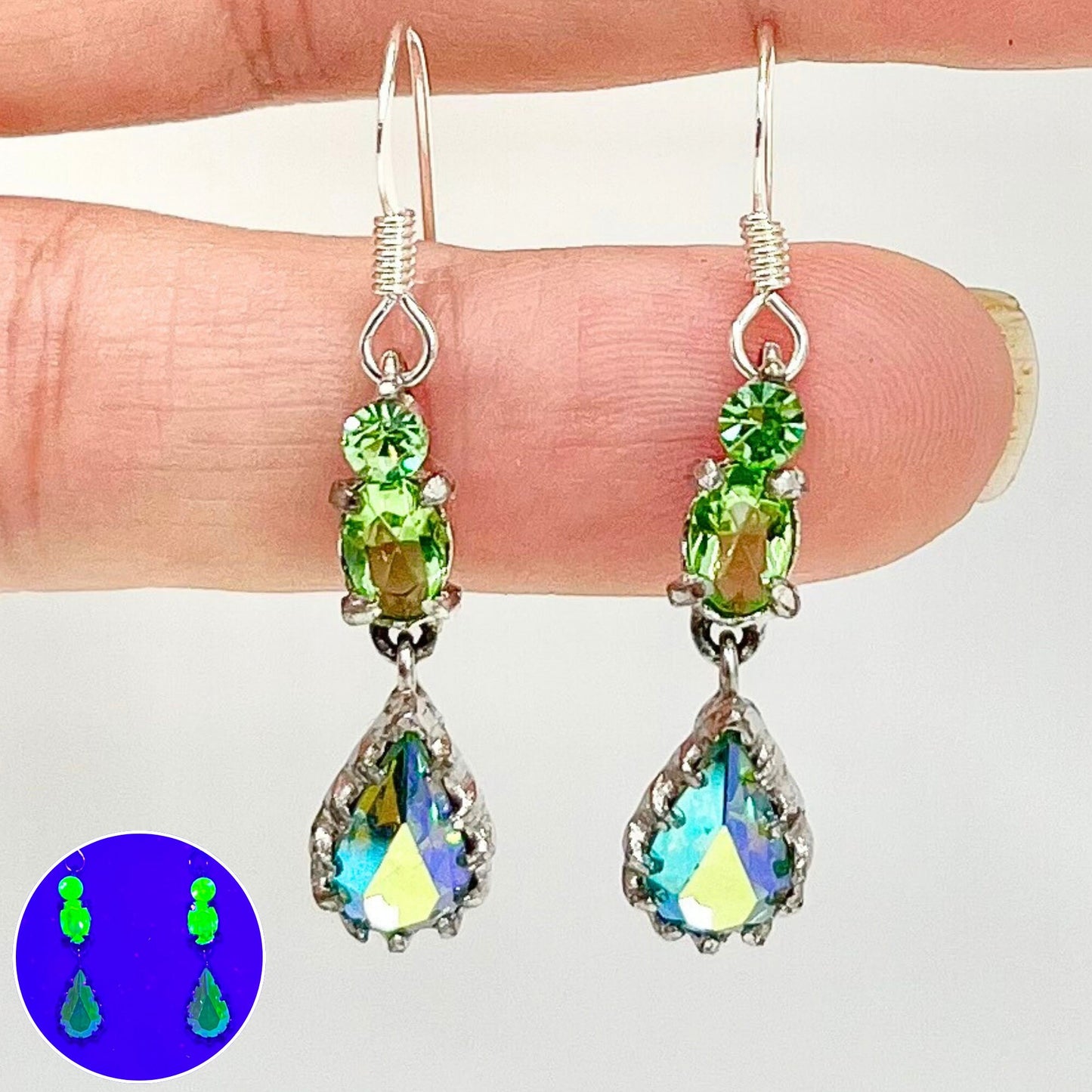 Vintage Dainty Tear Drop Green Uranium Crystal Earrings with Swarovski Crystal Elements Earrings UV Reactive Glow TheGreenGlassGemShop