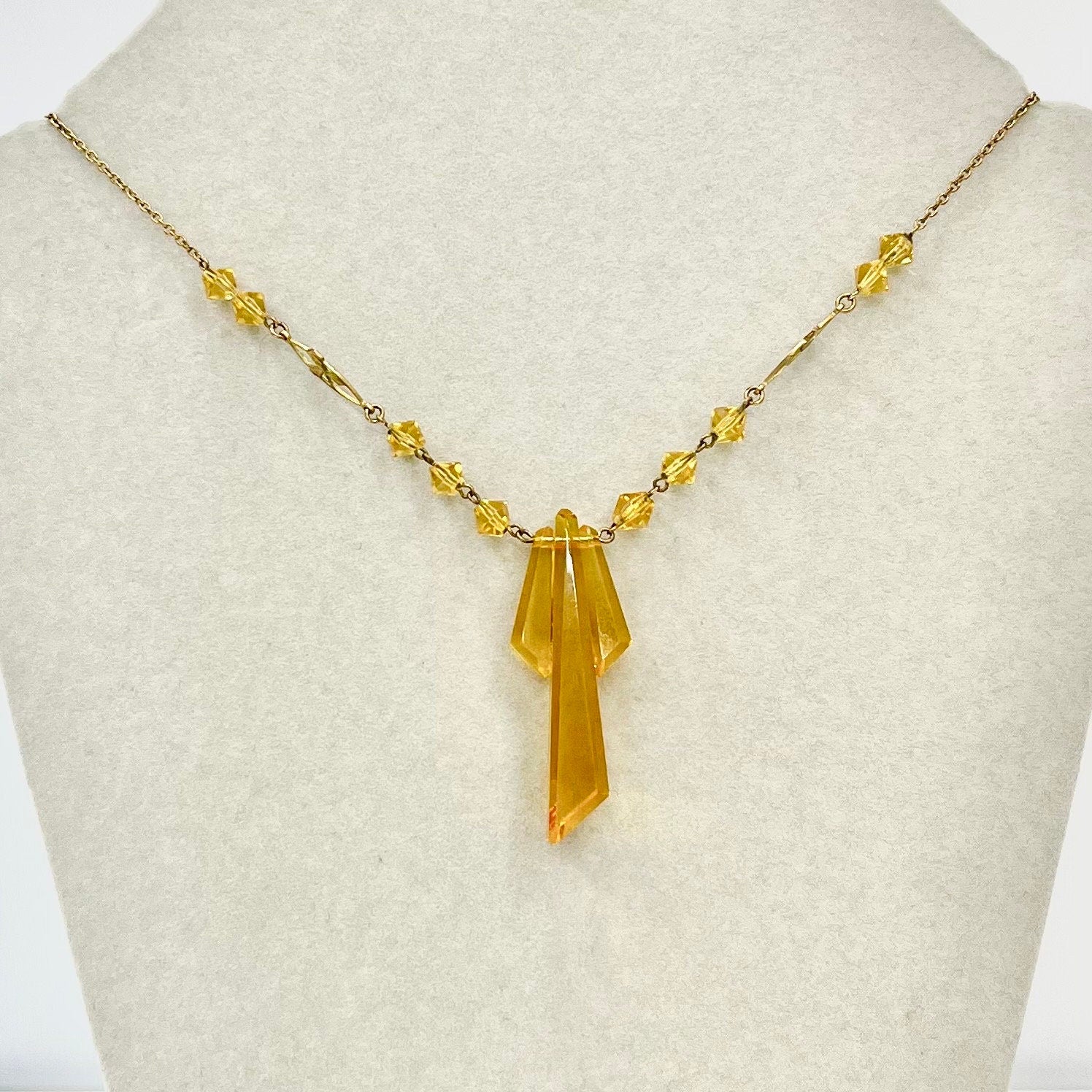 Art Deco Ward Brothers Golden Yellow Uranium / Manganese Glass Drop Gold Filled Necklace Signed WBS UV Reactive TheGreenGlassGemShop