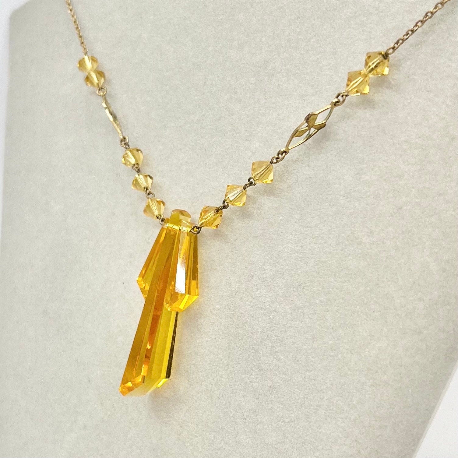 Art Deco Ward Brothers Golden Yellow Uranium / Manganese Glass Drop Gold Filled Necklace Signed WBS UV Reactive TheGreenGlassGemShop