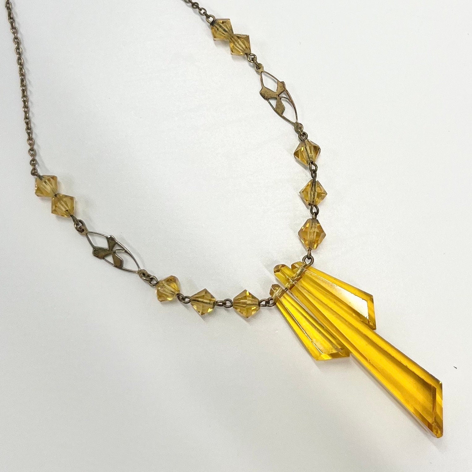 Art Deco Ward Brothers Golden Yellow Uranium / Manganese Glass Drop Gold Filled Necklace Signed WBS UV Reactive TheGreenGlassGemShop