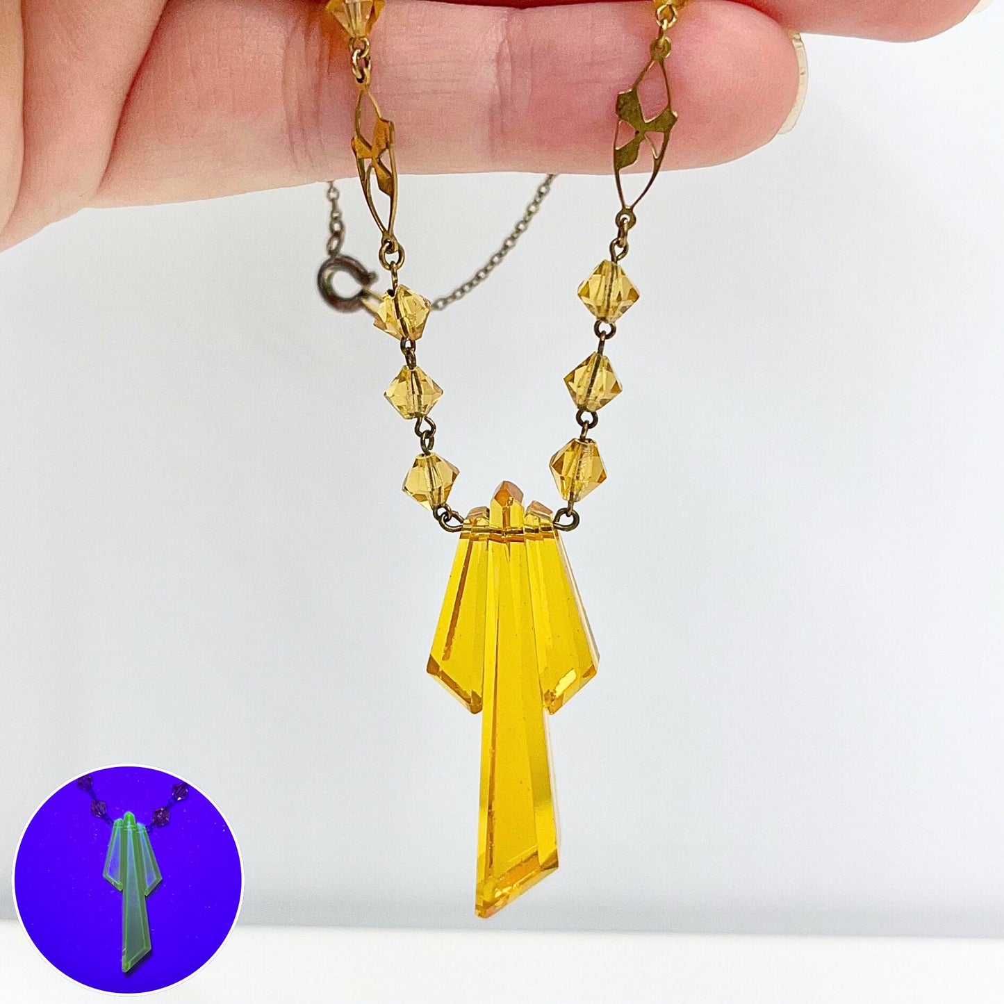 Art Deco Ward Brothers Golden Yellow Uranium / Manganese Glass Drop Gold Filled Necklace Signed WBS UV Reactive TheGreenGlassGemShop