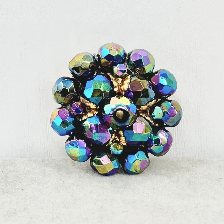 Vintage Round Gold Tone AB Purple Iris Czech Glass Faceted Bead Cluster Brooch Costume Jewellery Statement Piece TheGreenGlassGemShop