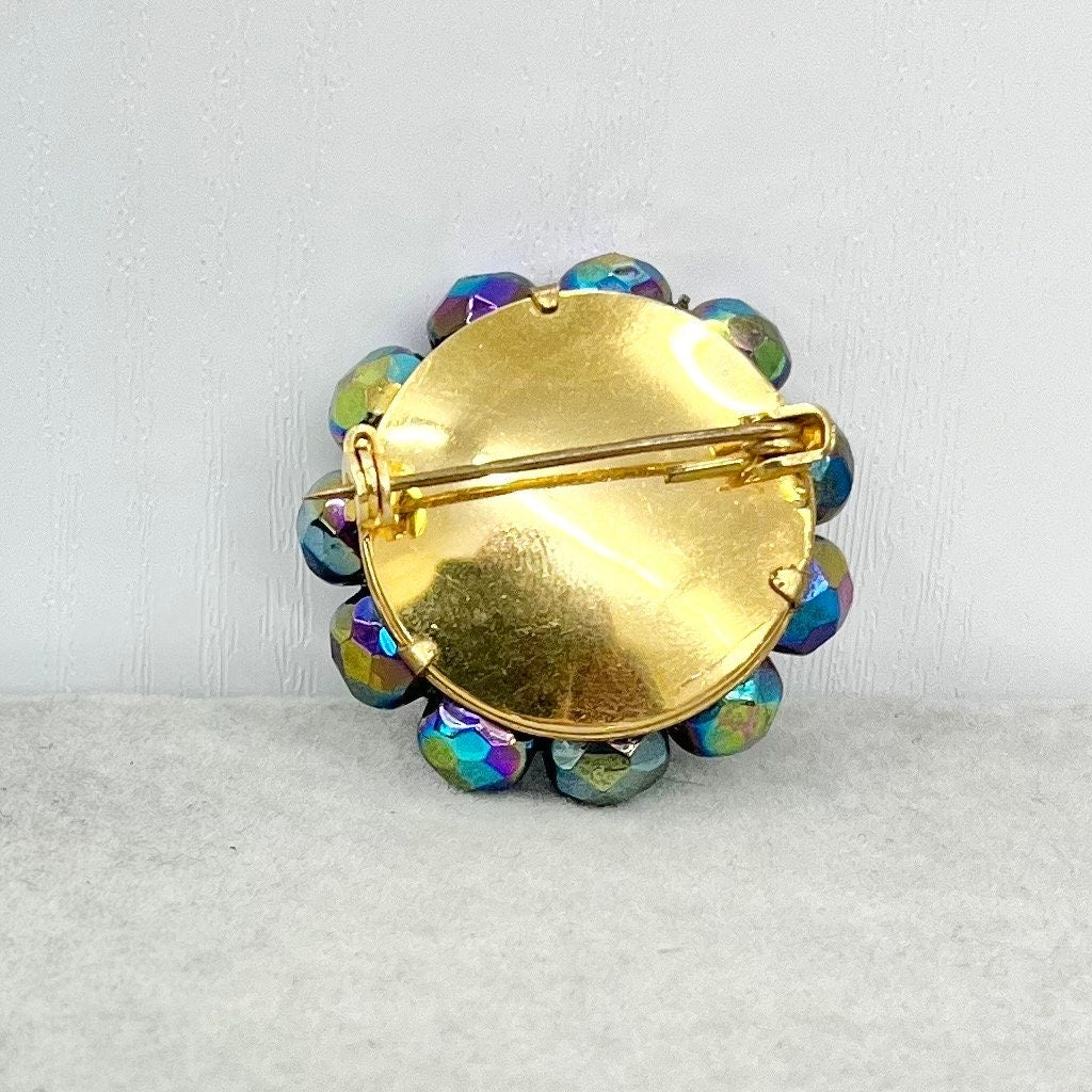 Vintage Round Gold Tone AB Purple Iris Czech Glass Faceted Bead Cluster Brooch Costume Jewellery Statement Piece TheGreenGlassGemShop