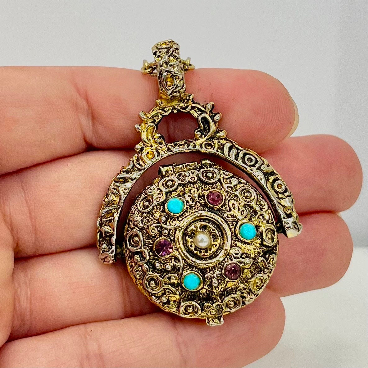 Vintage Victorian Style 1970‘s Gold Tone Round Spinning Locket Pendant Necklace with Amethyst & Turquoise Crystal Accents 24” Chain TheGreenGlassGemShop