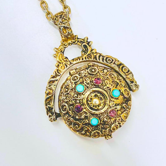 Vintage Victorian Style 1970‘s Gold Tone Round Spinning Locket Pendant Necklace with Amethyst & Turquoise Crystal Accents 24” Chain TheGreenGlassGemShop