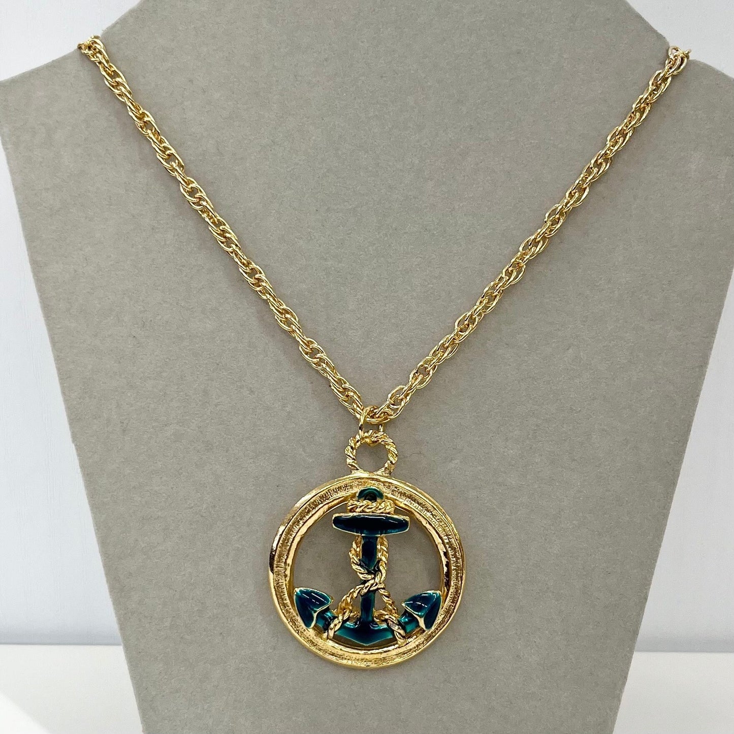 Vintage 1980‘s Gold Plate Teal Enamel Anchor Pendant Necklace with an 18” Chain ‘NEW’ Vintage Dead Stock TheGreenGlassGemShop