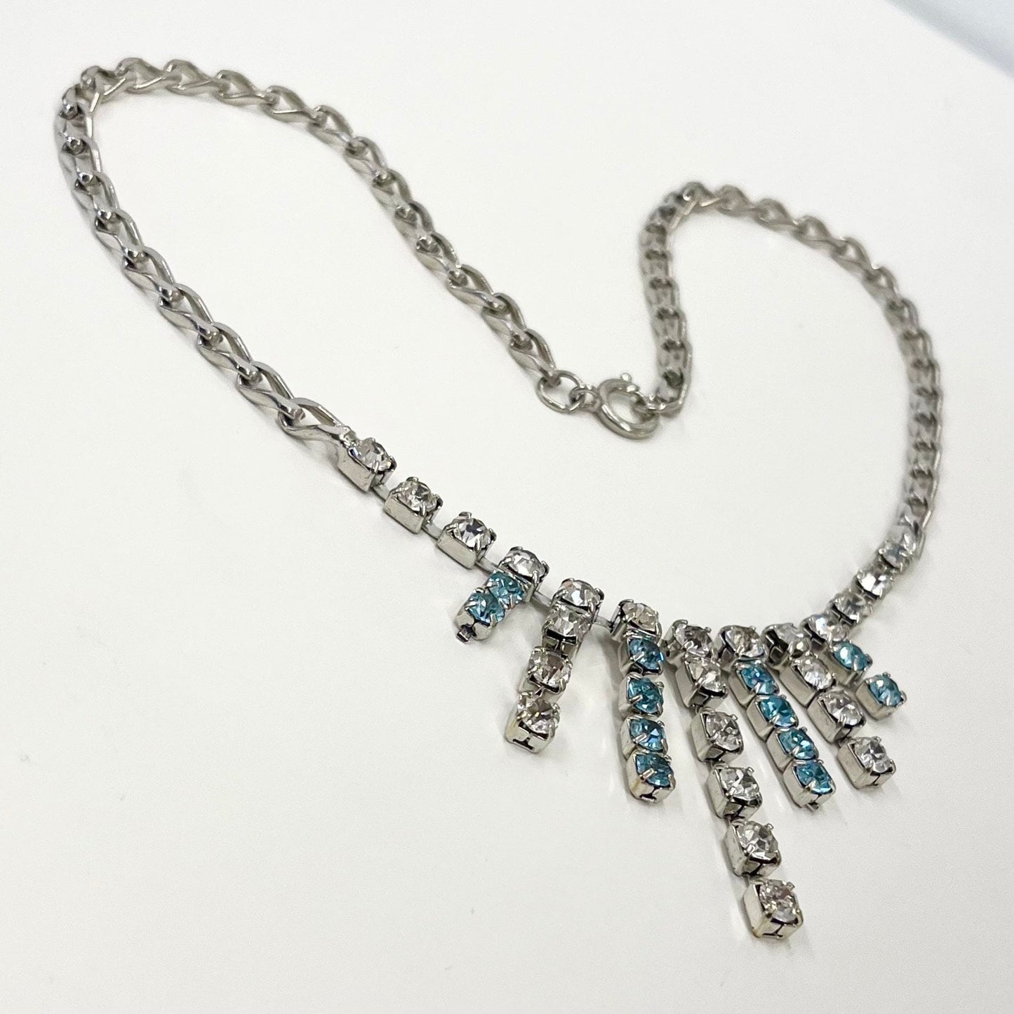 Vintage Silver Plate Blue & White Crystal Waterfall Drop Curb Chain Necklace 1970’s - 1980’s 16.5” Long TheGreenGlassGemShop