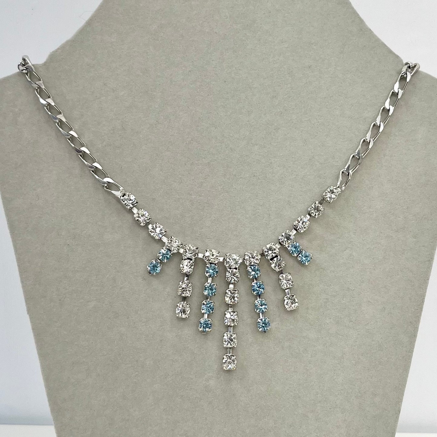 Vintage Silver Plate Blue & White Crystal Waterfall Drop Curb Chain Necklace 1970’s - 1980’s 16.5” Long TheGreenGlassGemShop