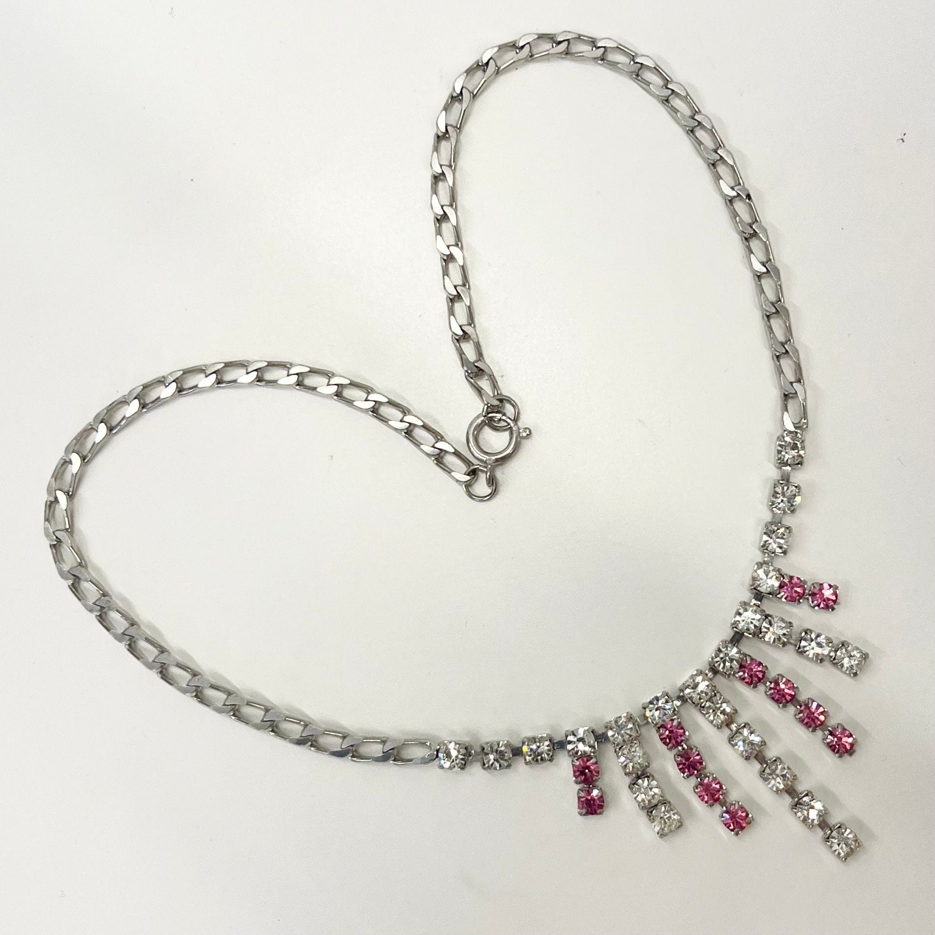 Vintage Silver Plate Pink & White Crystal Waterfall Drop Curb Chain Necklace 1970’s - 1980’s 16.5” Long TheGreenGlassGemShop