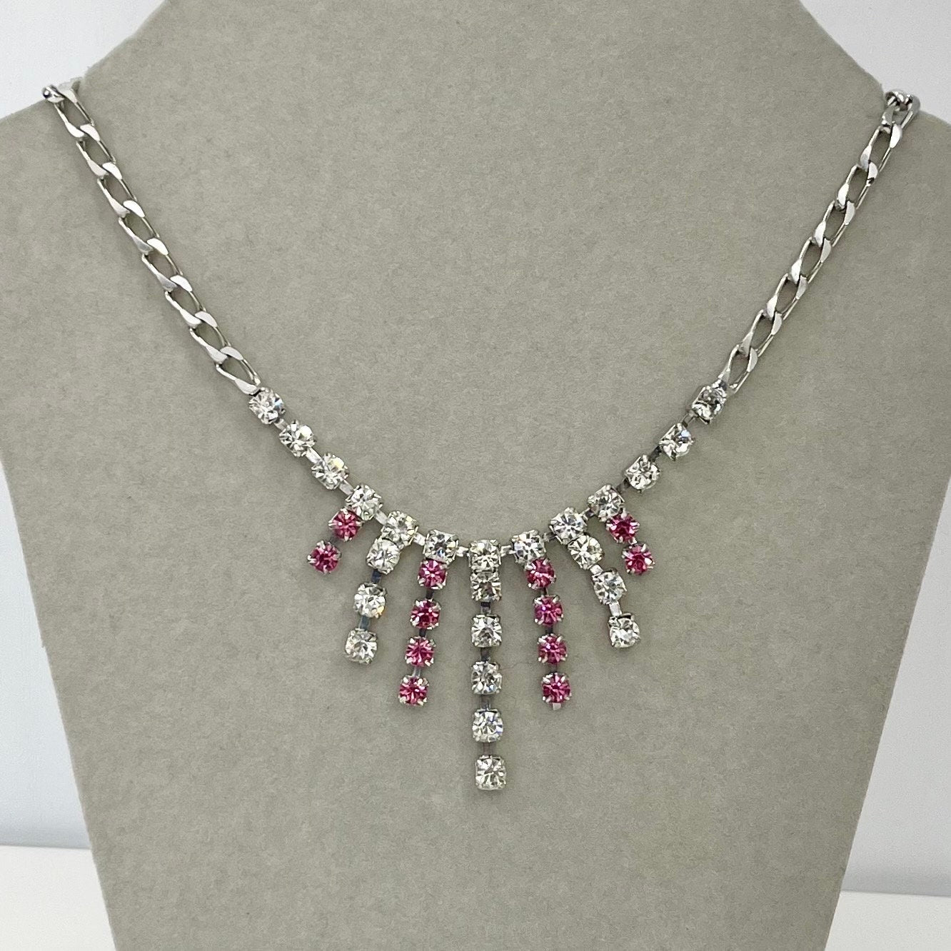 Vintage Silver Plate Pink & White Crystal Waterfall Drop Curb Chain Necklace 1970’s - 1980’s 16.5” Long TheGreenGlassGemShop