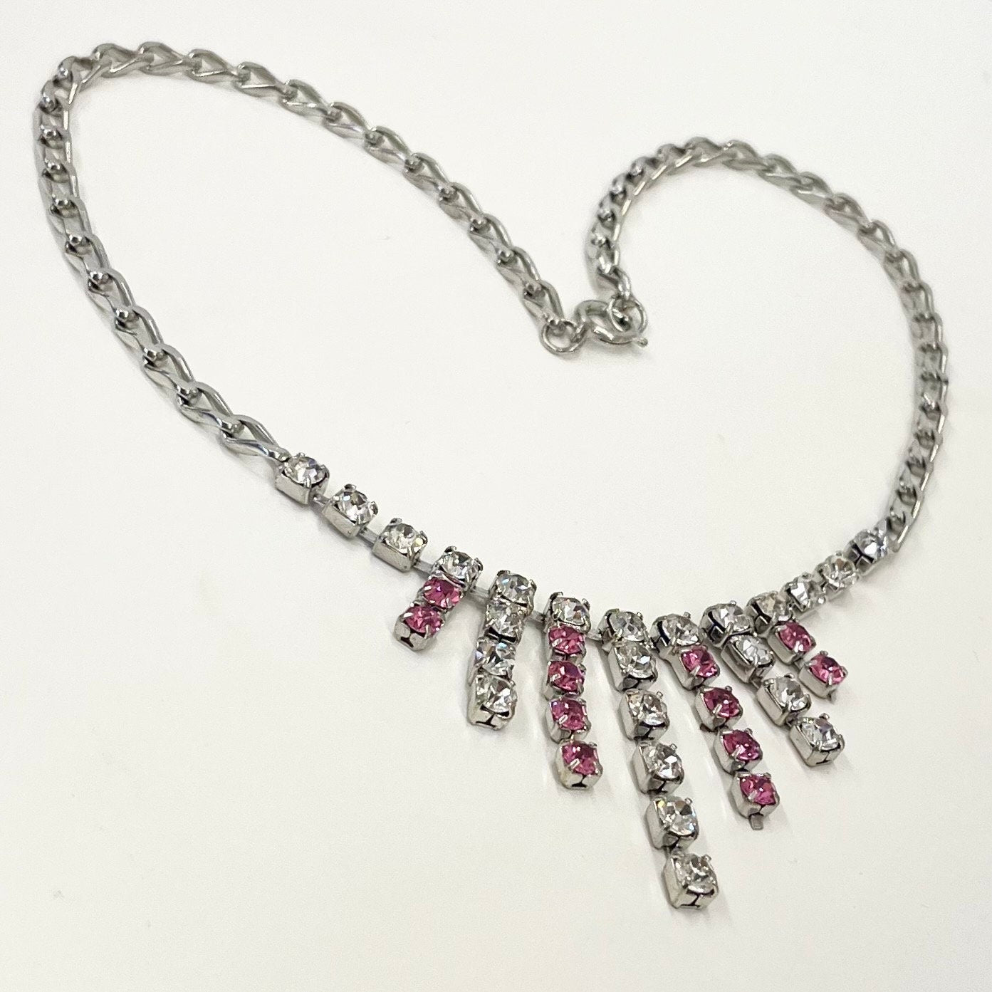 Vintage Silver Plate Pink & White Crystal Waterfall Drop Curb Chain Necklace 1970’s - 1980’s 16.5” Long TheGreenGlassGemShop