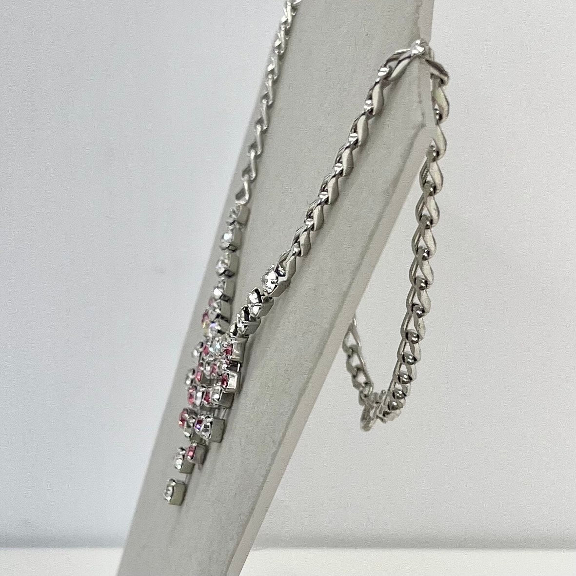 Vintage Silver Plate Pink & White Crystal Waterfall Drop Curb Chain Necklace 1970’s - 1980’s 16.5” Long TheGreenGlassGemShop