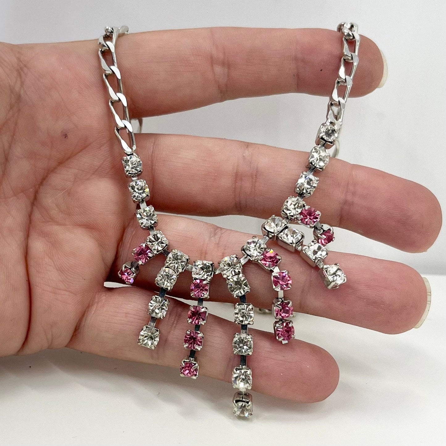 Vintage Silver Plate Pink & White Crystal Waterfall Drop Curb Chain Necklace 1970’s - 1980’s 16.5” Long TheGreenGlassGemShop