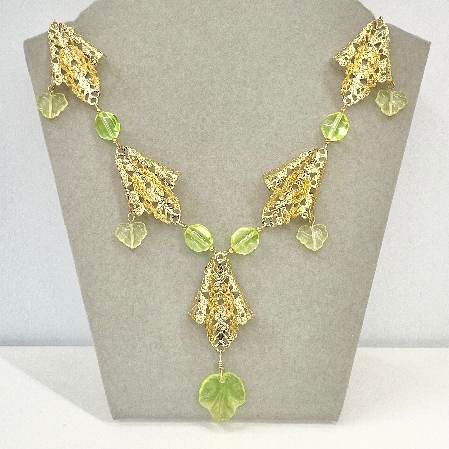 Handmade Yellow Green Uranium Glass Drop Bead Czech Brass Stamping Necklace Bright Green Under UV Light UV Reactive Glow Jewellery TheGreenGlassGemShop