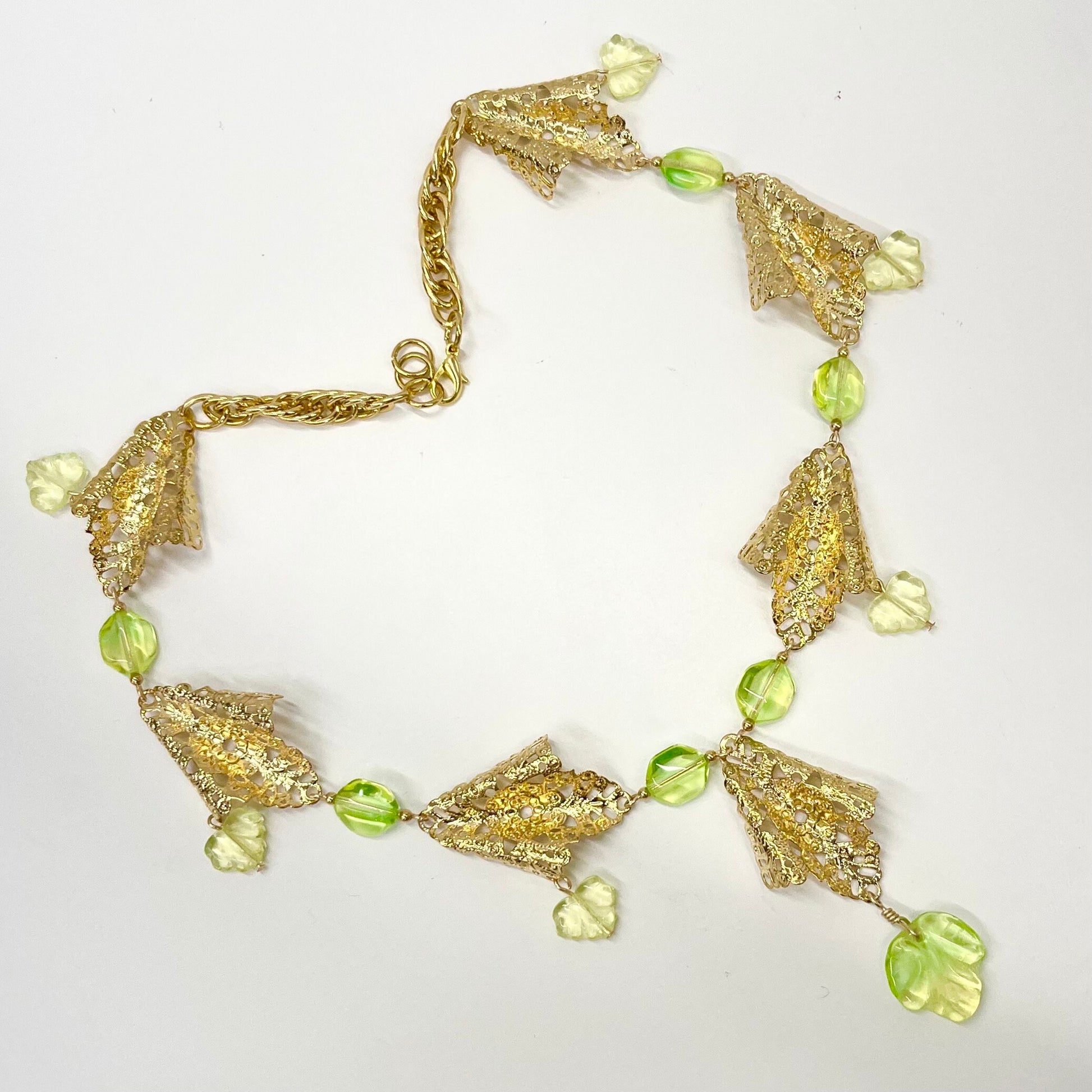 Handmade Yellow Green Uranium Glass Drop Bead Czech Brass Stamping Necklace Bright Green Under UV Light UV Reactive Glow Jewellery TheGreenGlassGemShop