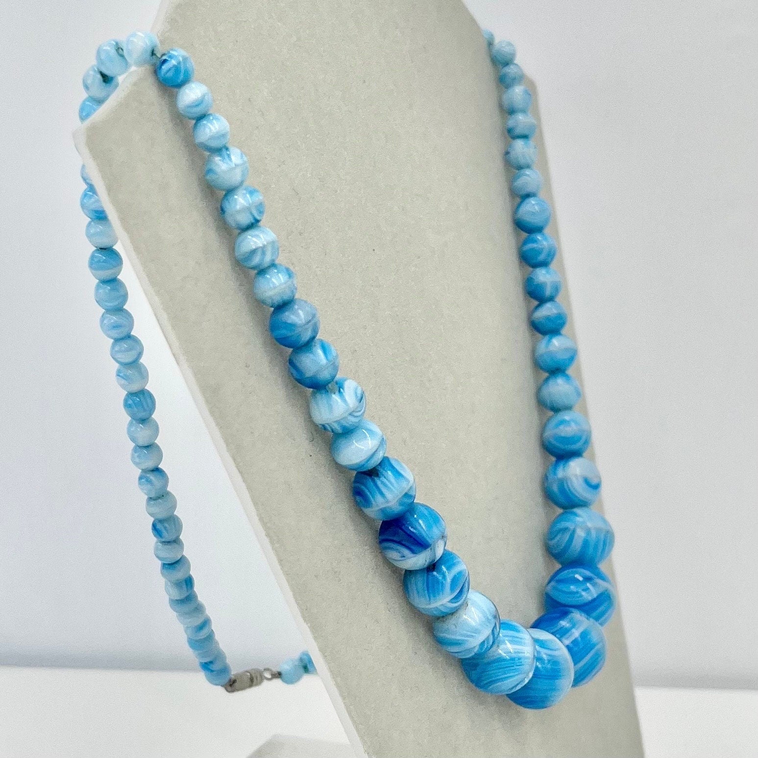 Art Deco 1930’s Long Blue Turquoise Striated Striped Graduated Glass Beaded Necklace Great Quality Beads Vintage Jewellery 23.5” Long TheGreenGlassGemShop