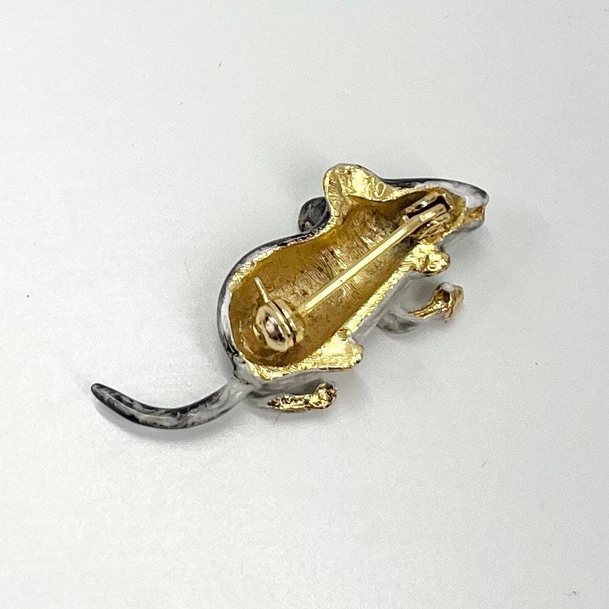 Vintage Gold Tone Enamel Mouse / Rat Brooch Costume Jewellery Piece Very Sweet TheGreenGlassGemShop