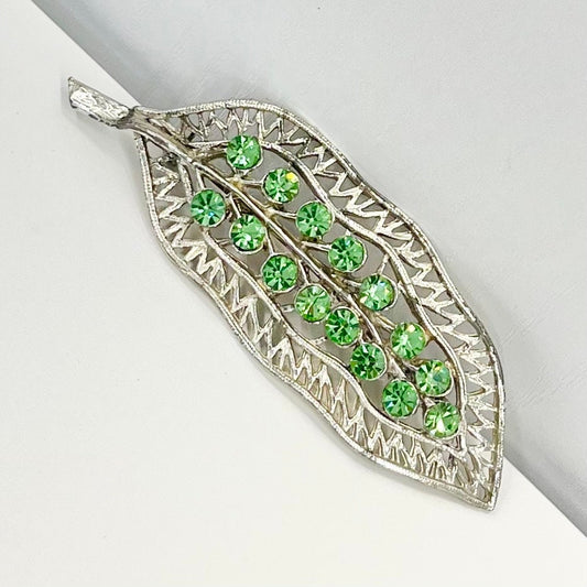 Vintage Long Green Uranium Glass Crystal Leav Brooch Silver Tone Filigree with a UV Reactive Glow UV Jewellery TheGreenGlassGemShop