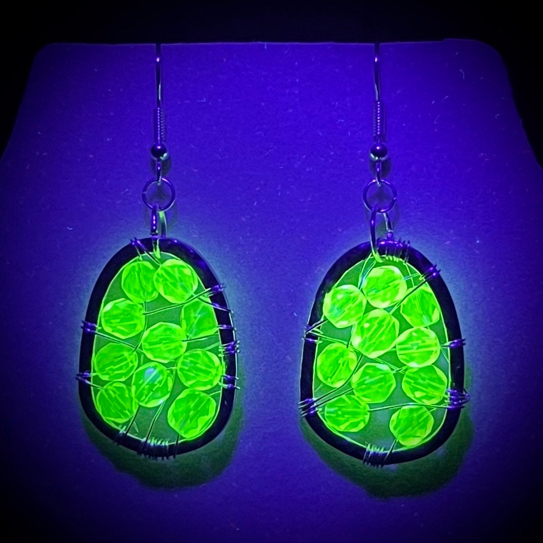 Handmade Yellow Uranium Glass Bead Drop Earrings Wire Wrap Mesh Style UV Reactive Glow with Vintage Czech Firepolished Crystal Beads TheGreenGlassGemShop