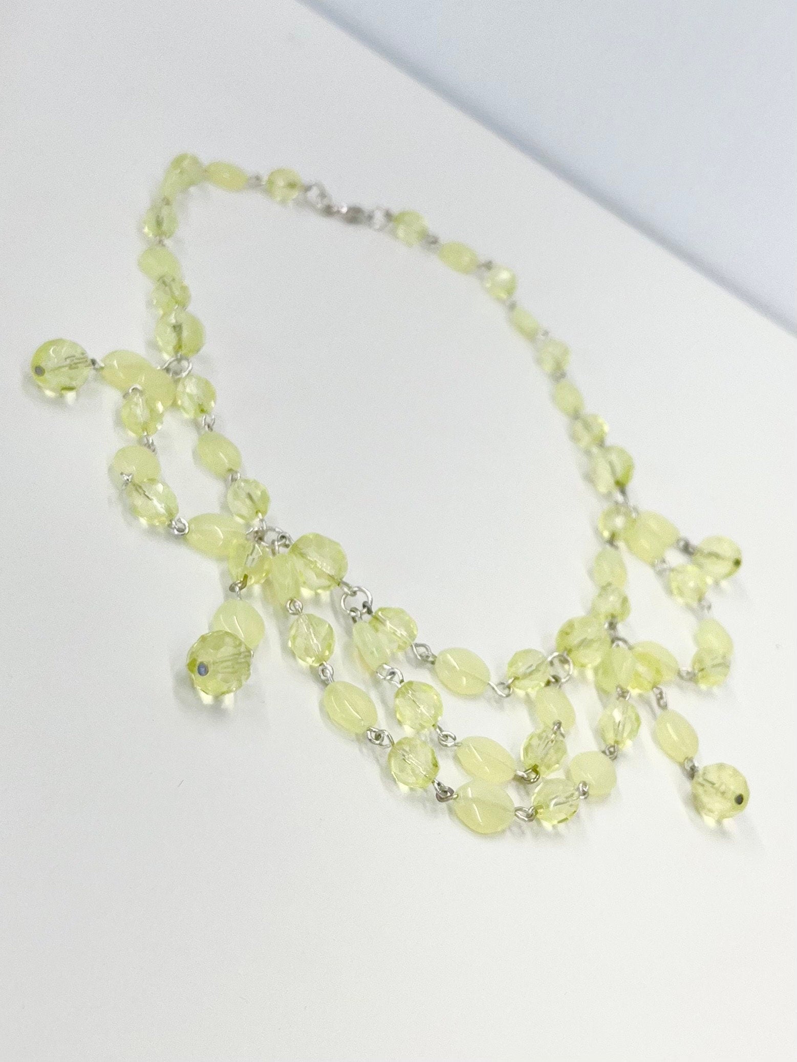 Handmade Yellow Uranium Glass Multi Drop Bead Swag Necklace Bright Green Under UV Light UV Reactive Glow Jewellery Bridgerton Style TheGreenGlassGemShop