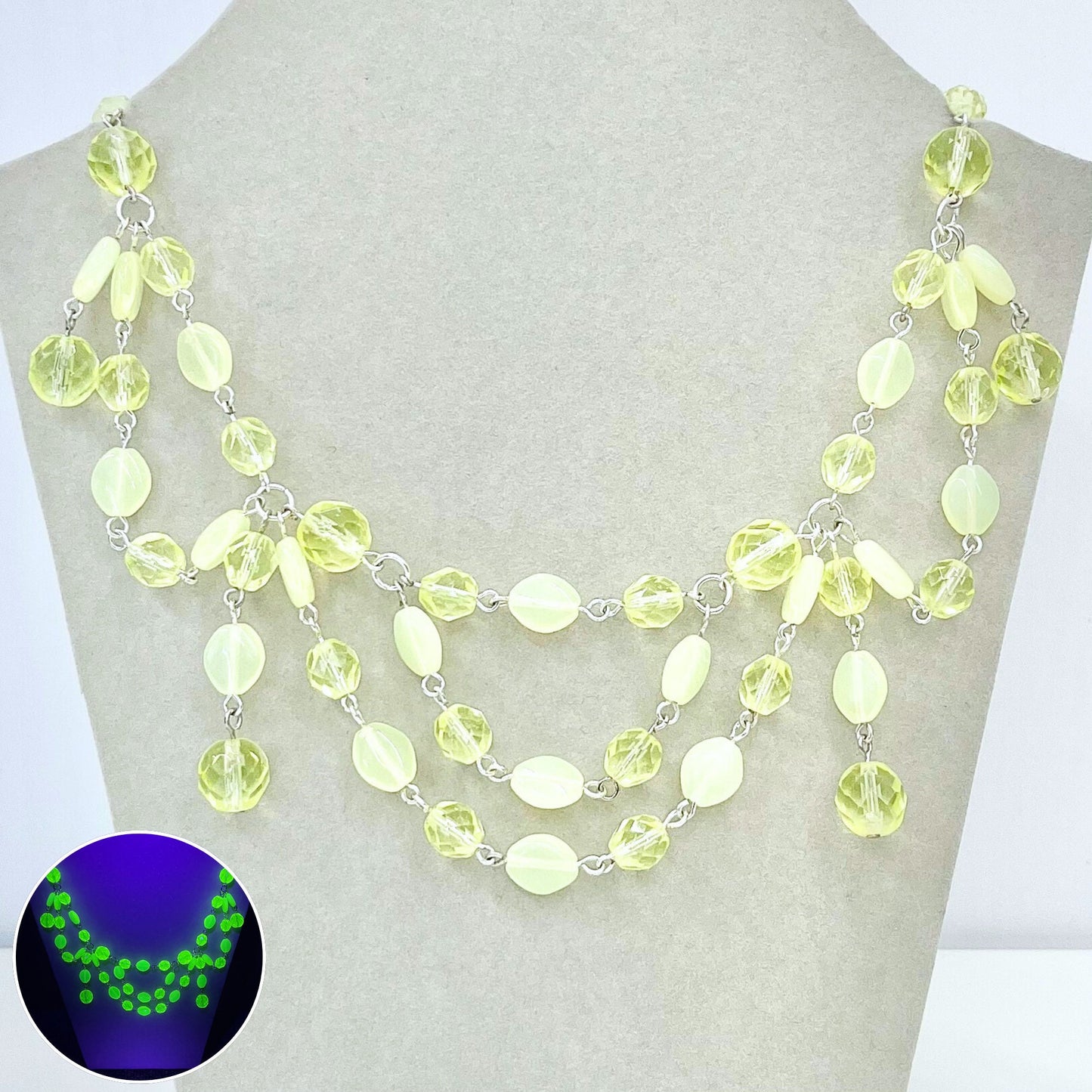 Handmade Yellow Uranium Glass Multi Drop Bead Swag Necklace Bright Green Under UV Light UV Reactive Glow Jewellery Bridgerton Style TheGreenGlassGemShop