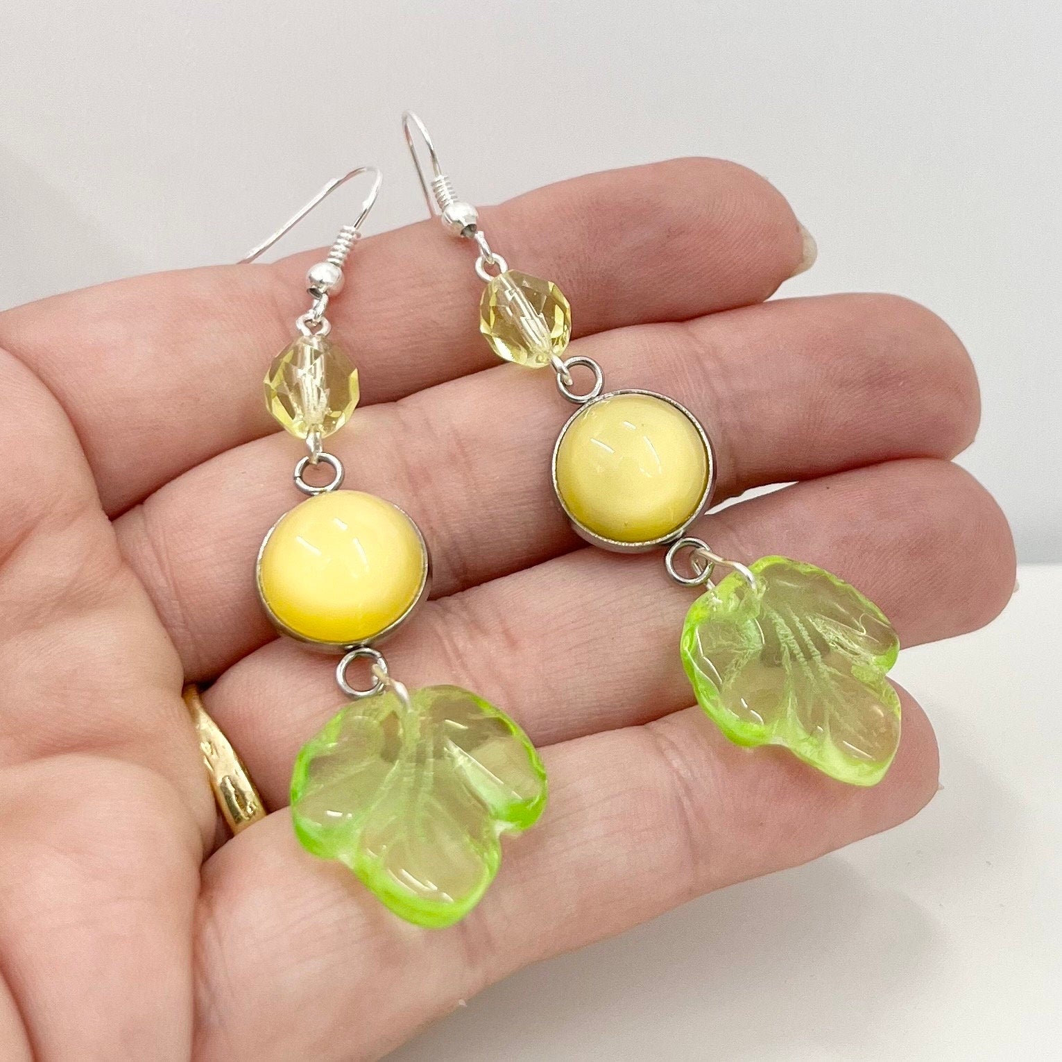 Vintage Yellow Uranium Glass Leaf Drop Czech Cabachon Earrings Silver Plate with UV Reactive Glow TheGreenGlassGemShop