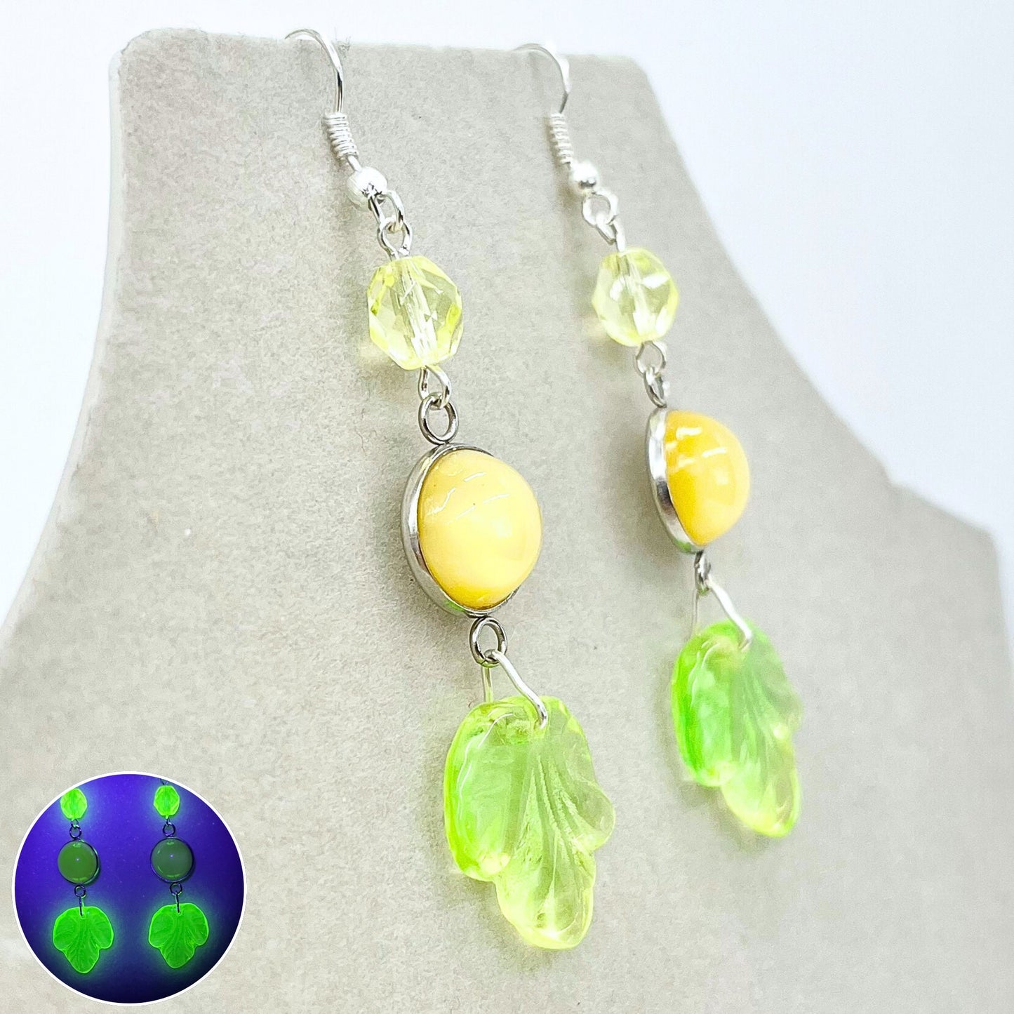 Vintage Yellow Uranium Glass Leaf Drop Czech Cabachon Earrings Silver Plate with UV Reactive Glow TheGreenGlassGemShop