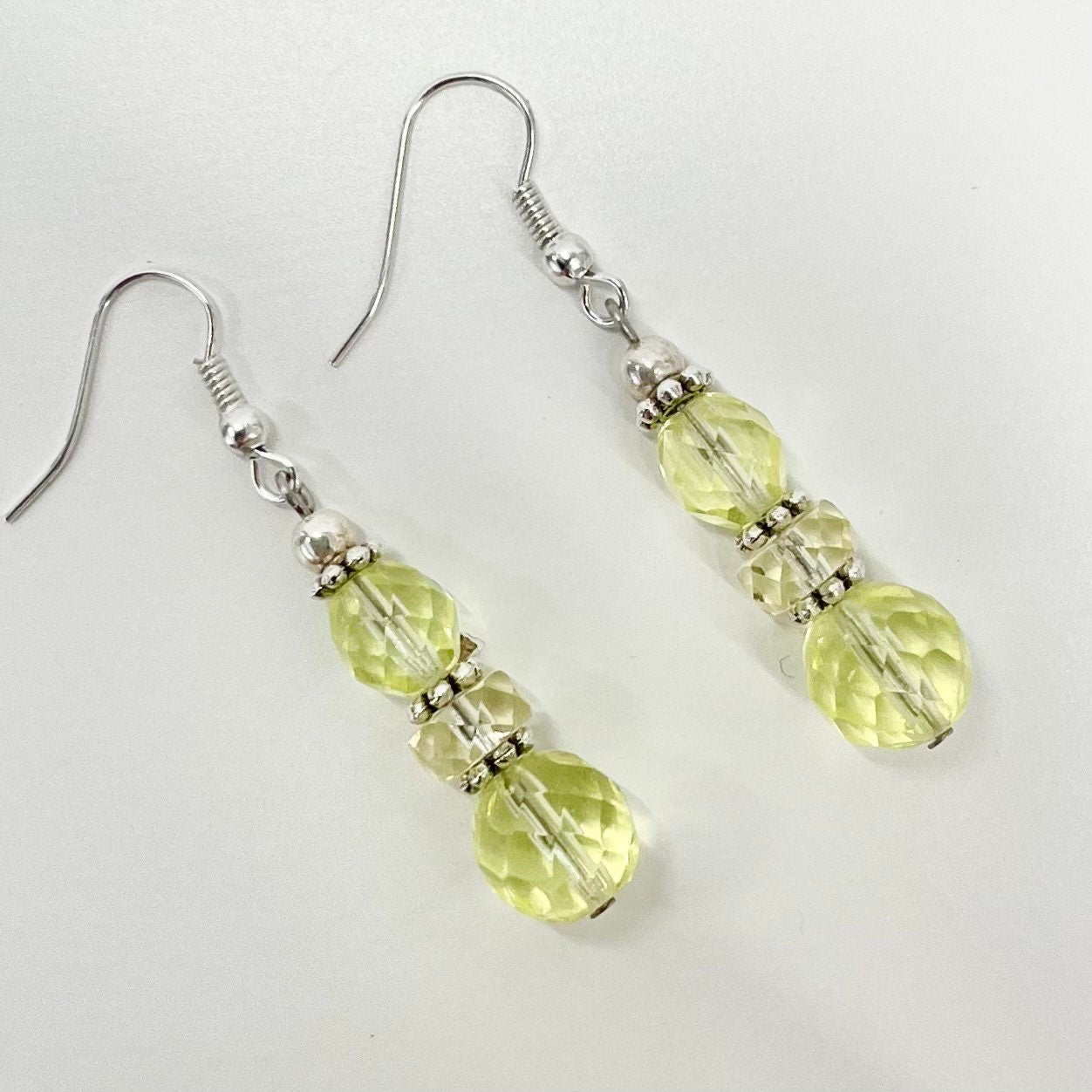 Vintage Yellow Jonquil Uranium Glass Bead Drop Earrings Silver Plate UV Reactive Glow with Czech Firepolished Crystal Beads TheGreenGlassGemShop