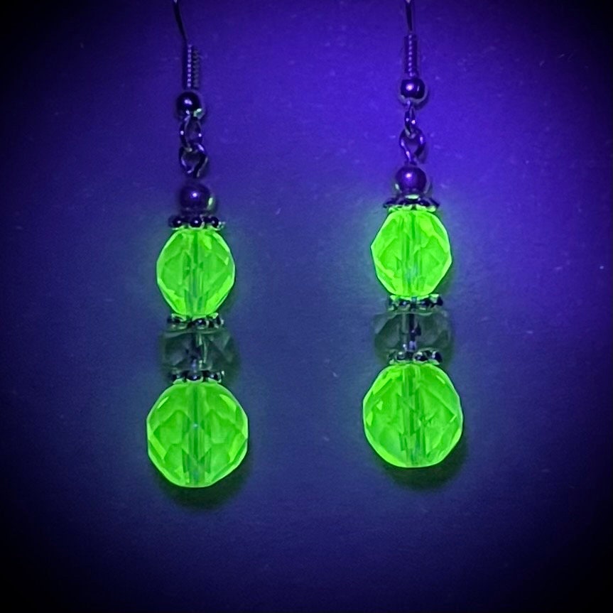 Vintage Yellow Jonquil Uranium Glass Bead Drop Earrings Silver Plate UV Reactive Glow with Czech Firepolished Crystal Beads TheGreenGlassGemShop