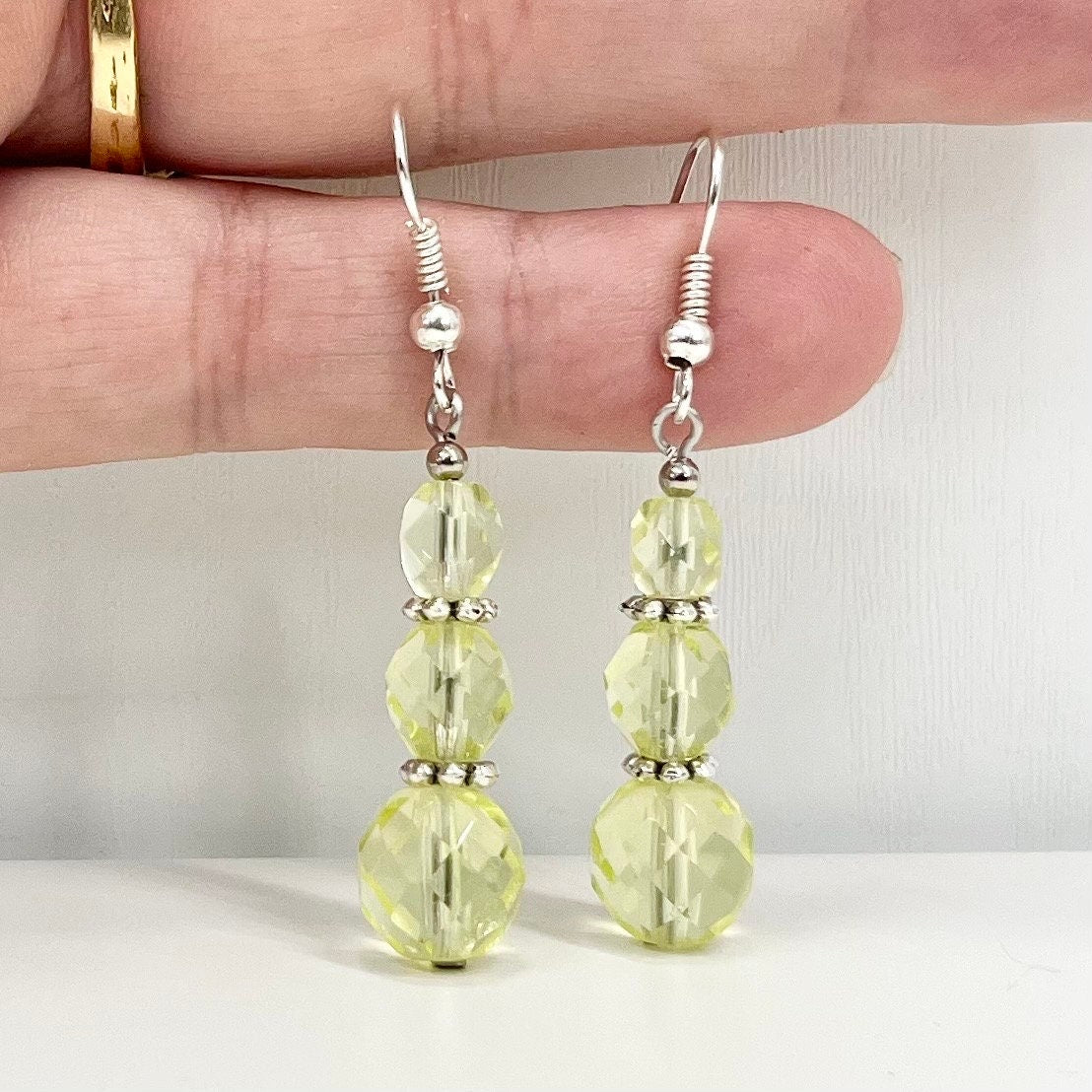 Vintage Yellow Jonquil Uranium Glass Trio Bead Drop Earrings Silver Plate UV Reactive Glow with Czech Firepolished Crystal Beads TheGreenGlassGemShop