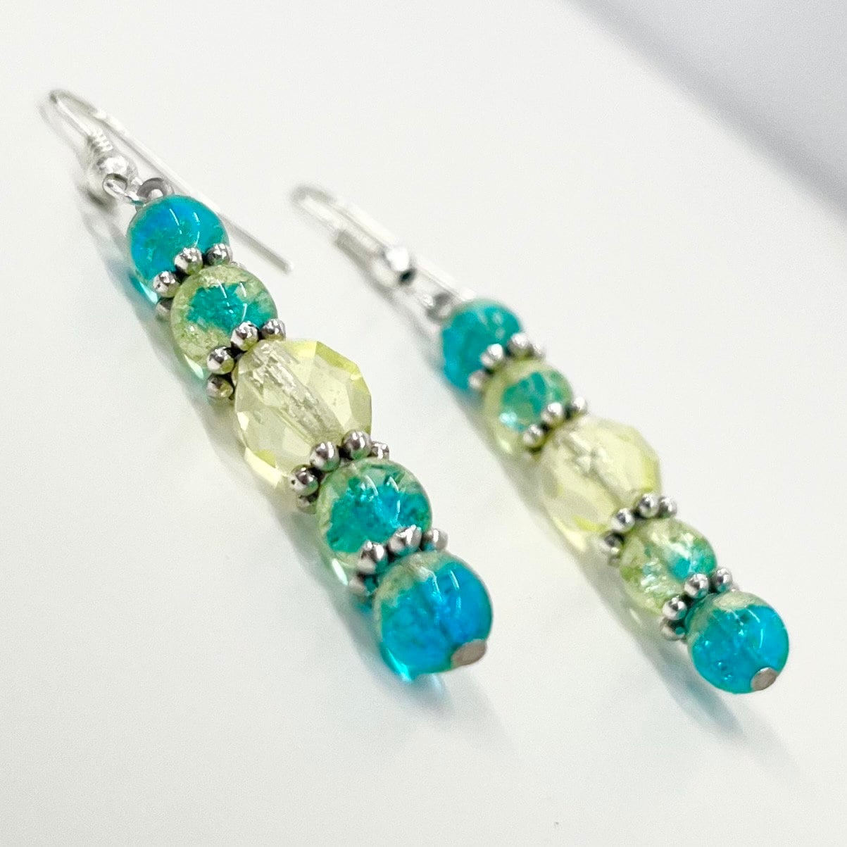 Handmade Yellow Jonquil & Blue Uranium Crackle Glass Bead Drop Earrings Silver Plate UV Reactive Glow TheGreenGlassGemShop