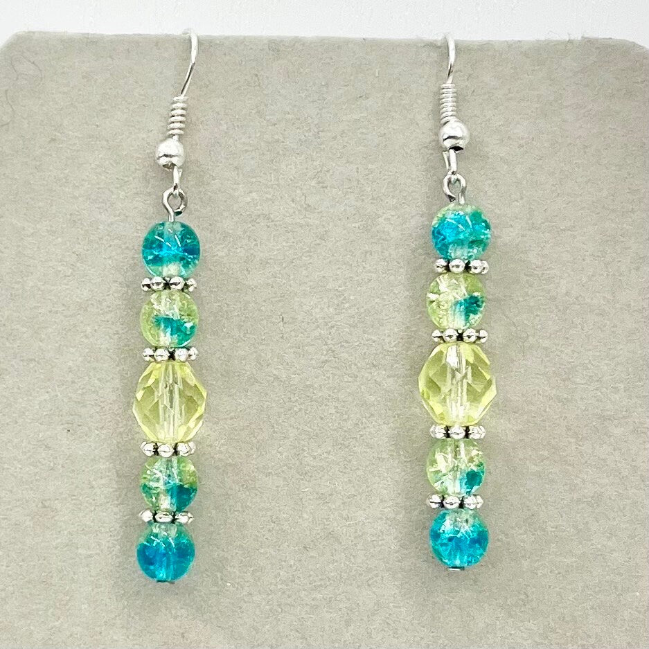 Handmade Yellow Jonquil & Blue Uranium Crackle Glass Bead Drop Earrings Silver Plate UV Reactive Glow TheGreenGlassGemShop