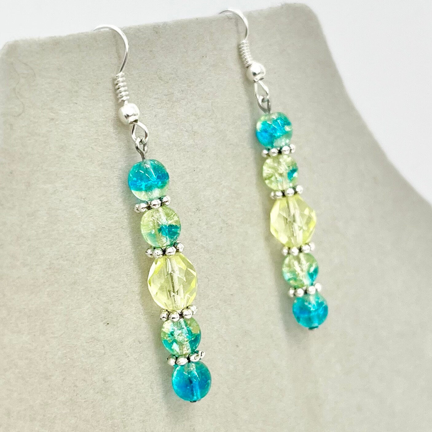 Handmade Yellow Jonquil & Blue Uranium Crackle Glass Bead Drop Earrings Silver Plate UV Reactive Glow TheGreenGlassGemShop