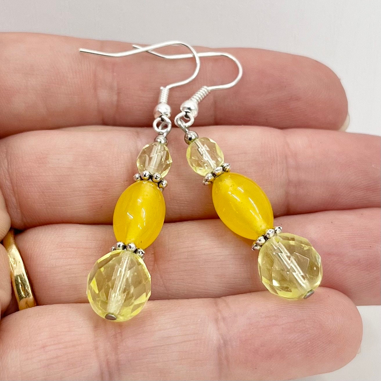 Vintage Yellow Jonquil Uranium Glass Bead Drop Earrings Silver Plate UV Reactive Glow with Czech Firepolished & Czech Beads TheGreenGlassGemShop