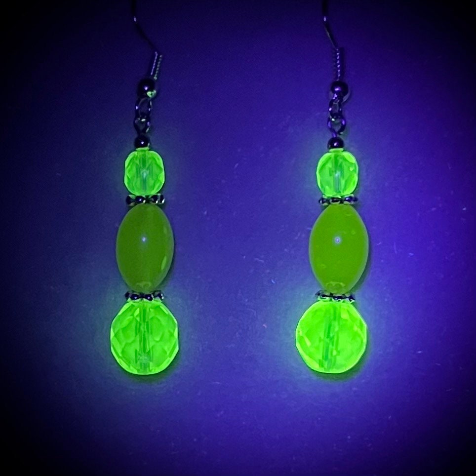 Vintage Yellow Jonquil Uranium Glass Bead Drop Earrings Silver Plate UV Reactive Glow with Czech Firepolished & Czech Beads TheGreenGlassGemShop