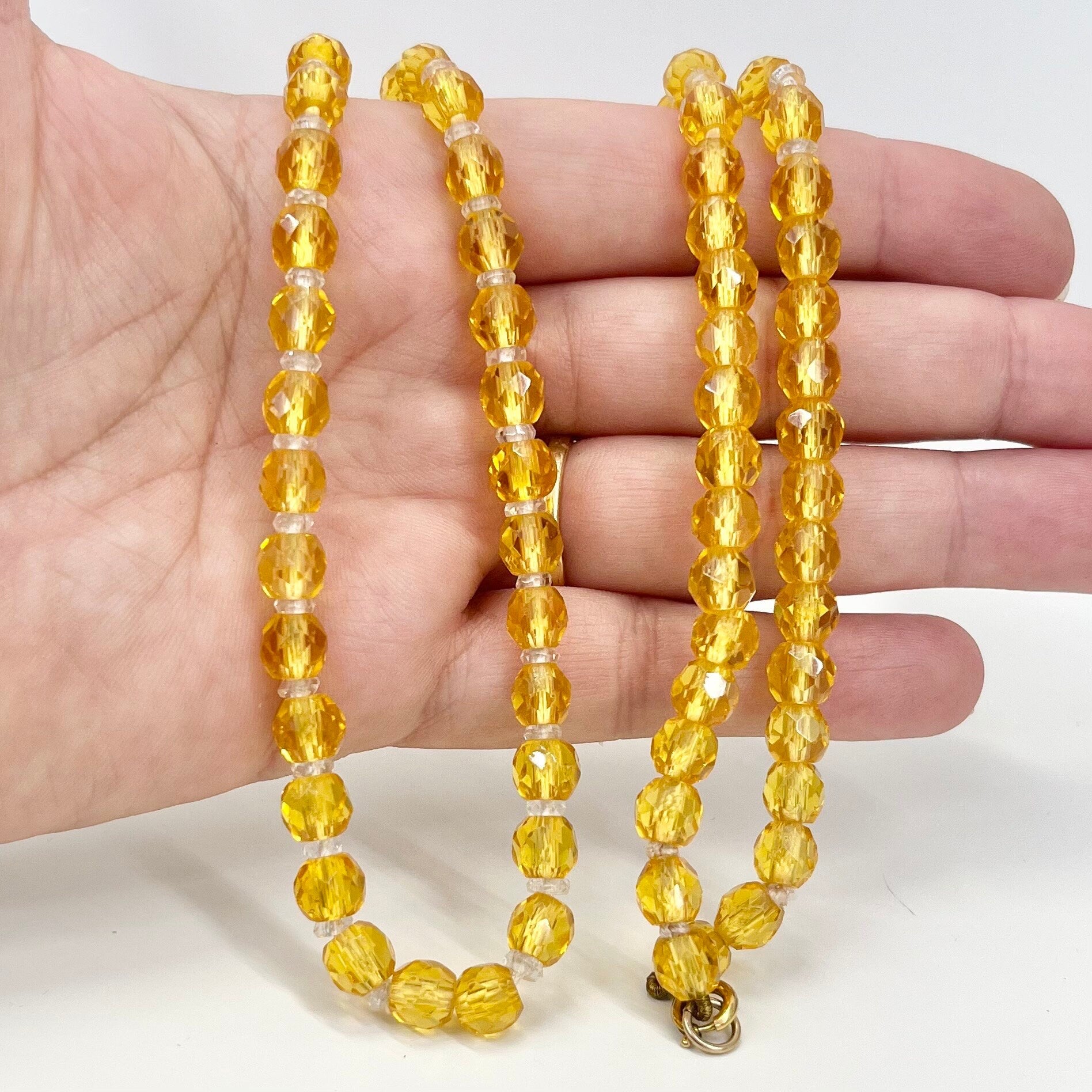 Vintage Amber Yellow Faceted Glass Mamganese Bead Necklace Green UV Reactive Glow Jewellery 16” TheGreenGlassGemShop