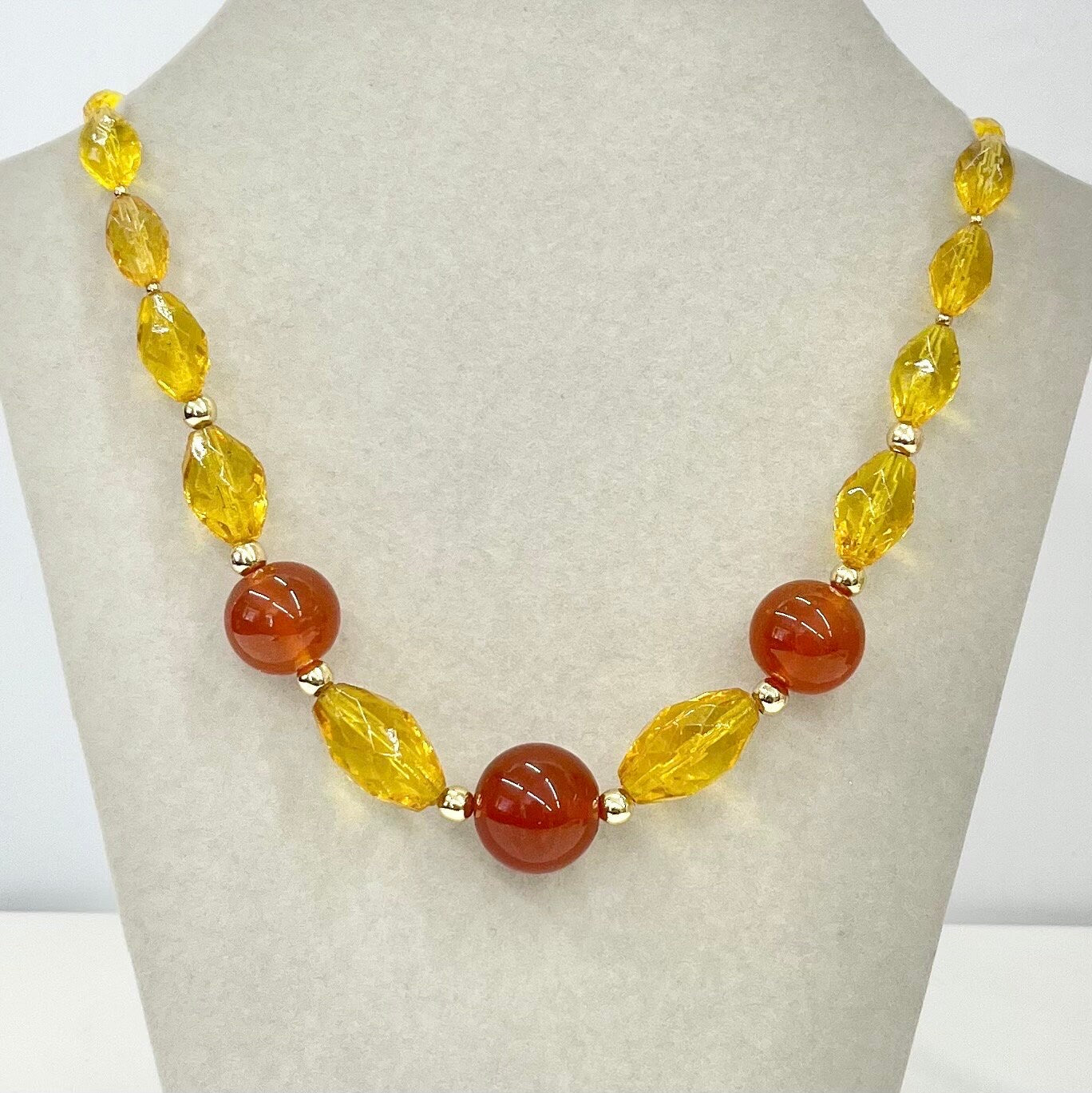 Vintage Carnelian Glass Uranium & Amber Yellow Cadmium Graduated Bead Necklace Bright Green / Orange UV Reactive Glow TheGreenGlassGemShop