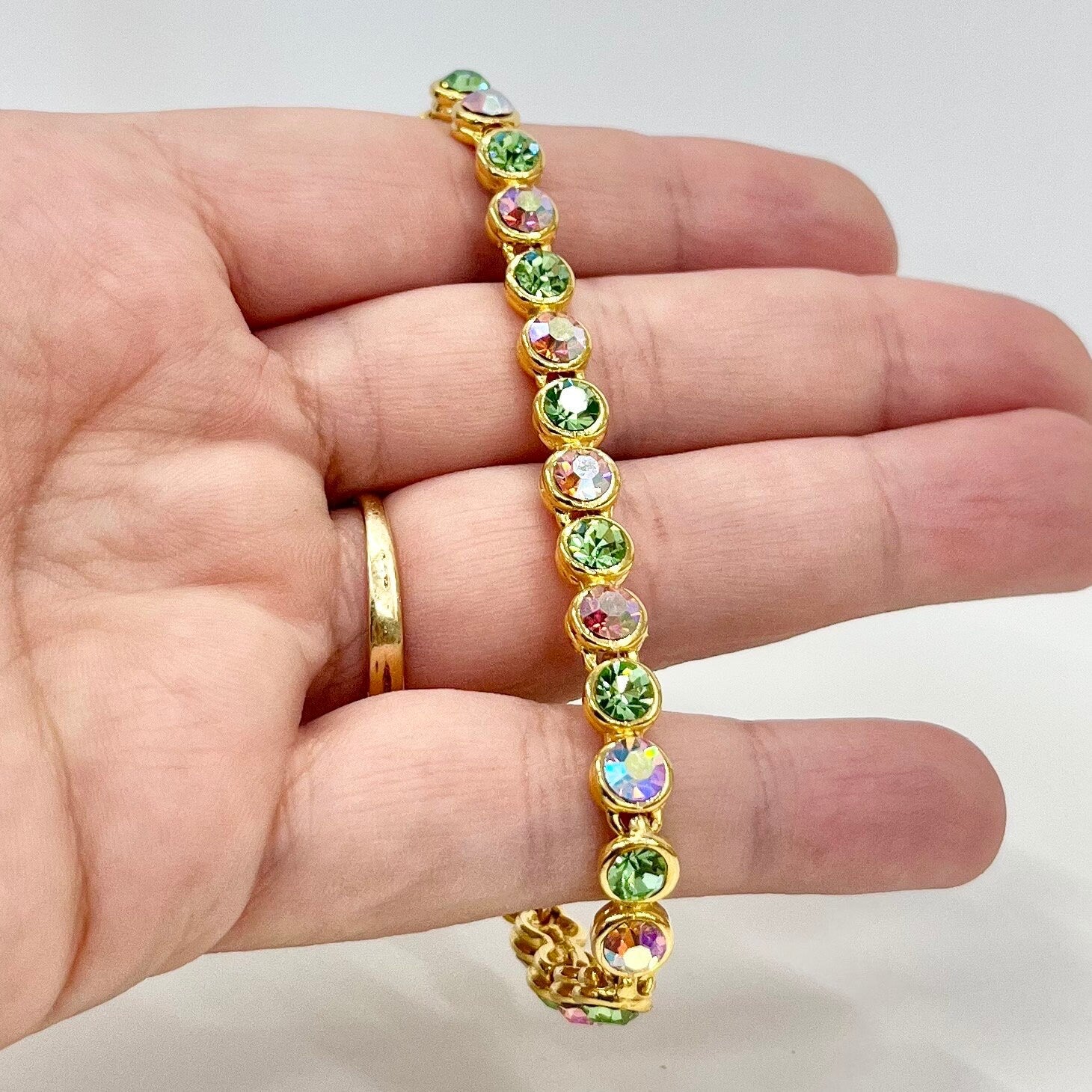 Vintage Green Uranium & Aurora Borealis Rose Pink Glass Crystal Tennis Bracelet Gold Tone Metal UV Reactive Glow Jewellery TheGreenGlassGemShop