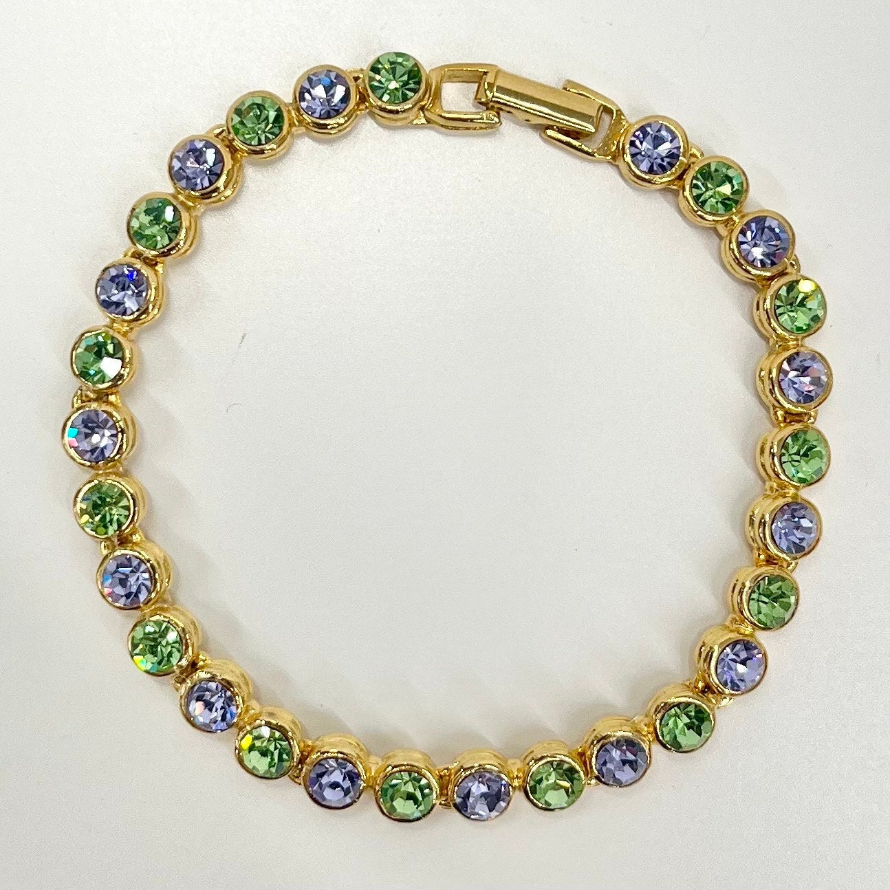 Vintage Green Uranium & Tanzanite Colour Glass Crystal Tennis Bracelet Gold Tone Metal UV Reactive Glow Jewellery TheGreenGlassGemShop